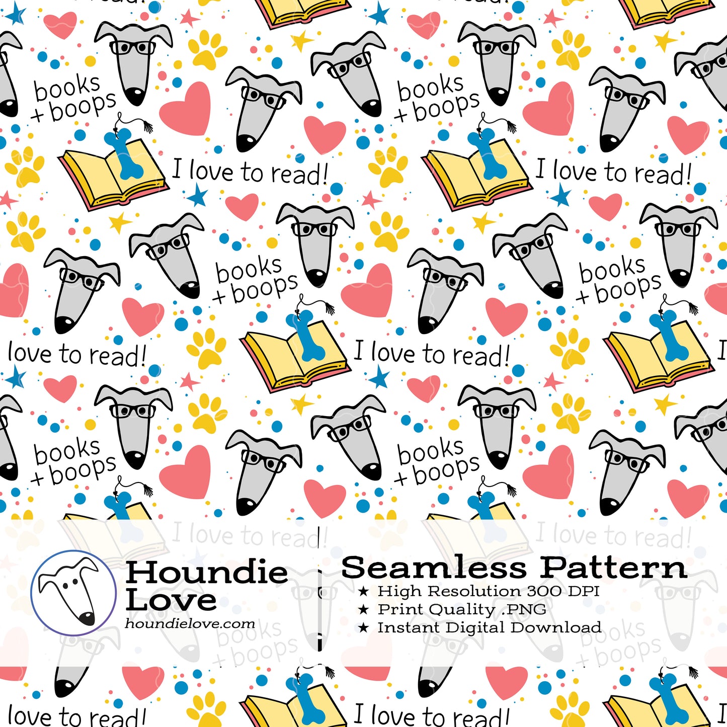 Books + Boops Dog Pattern • Greyhound Reading Seamless PNG • I Love to Read Print • Digital Download for Gifts & Crafts