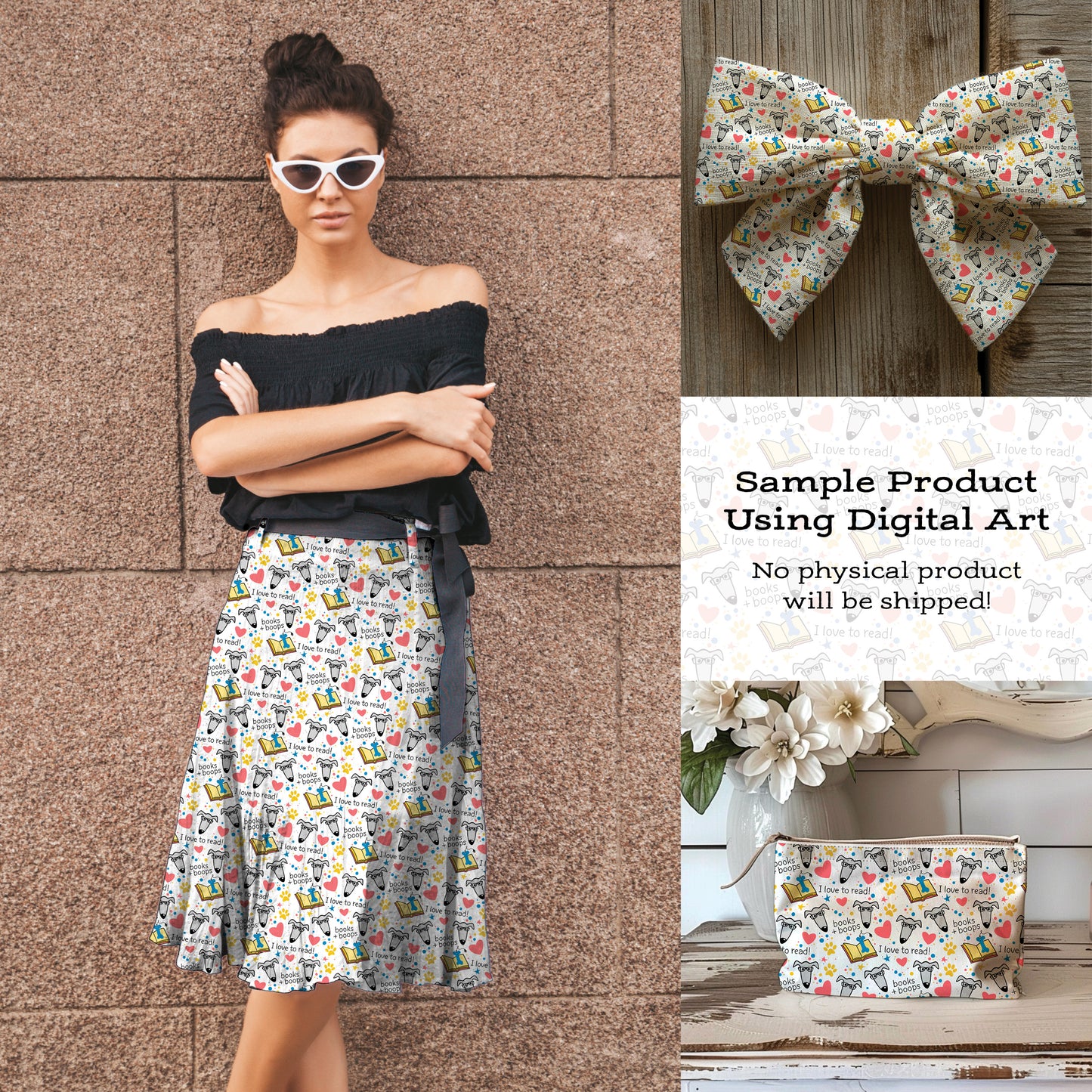 Books + Boops Dog Pattern • Greyhound Reading Seamless PNG • I Love to Read Print • Digital Download for Gifts & Crafts