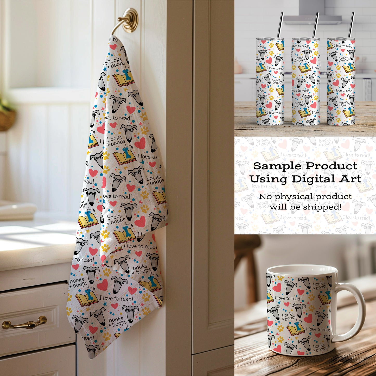 Books + Boops Dog Pattern • Greyhound Reading Seamless PNG • I Love to Read Print • Digital Download for Gifts & Crafts