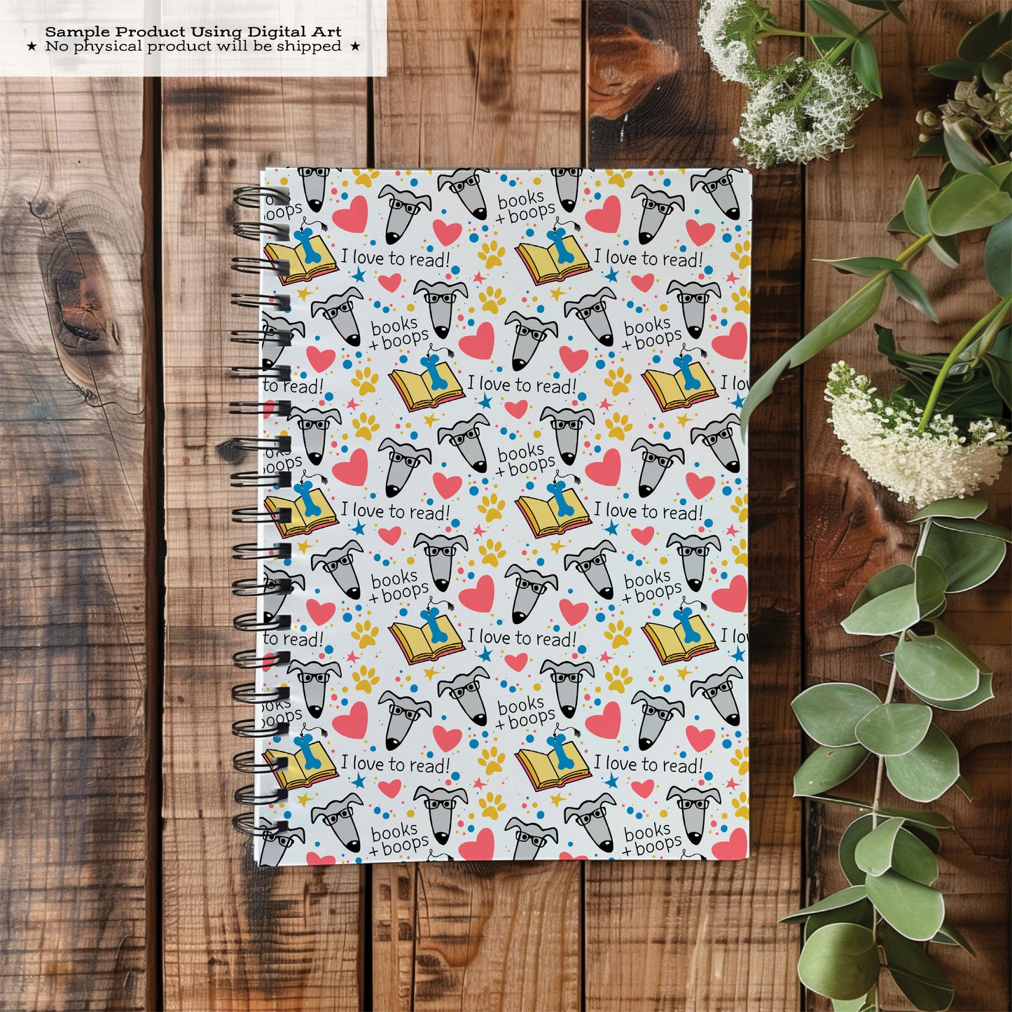 Books + Boops Dog Pattern • Greyhound Reading Seamless PNG • I Love to Read Print • Digital Download for Gifts & Crafts