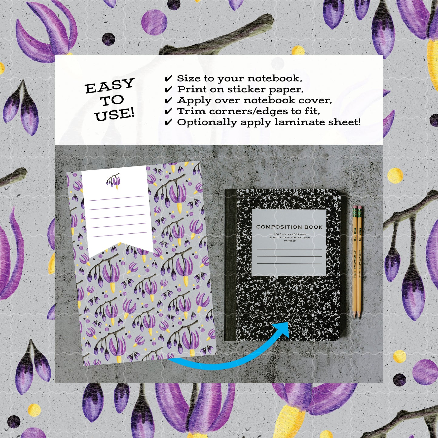 Deadly Nightshade Floral • Printable notebook cover • Watercolor Purple Gothic Digital Paper • Belladonna
