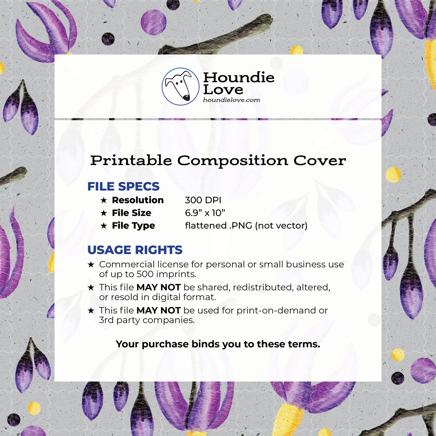 Deadly Nightshade Floral • Printable notebook cover • Watercolor Purple Gothic Digital Paper • Belladonna
