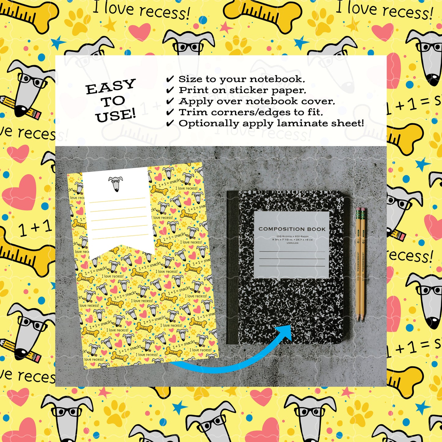 Printable Composition Notebook Cover PNG • Dogs Doing Math Back to School • Instant Download PNG • Front & Back Files