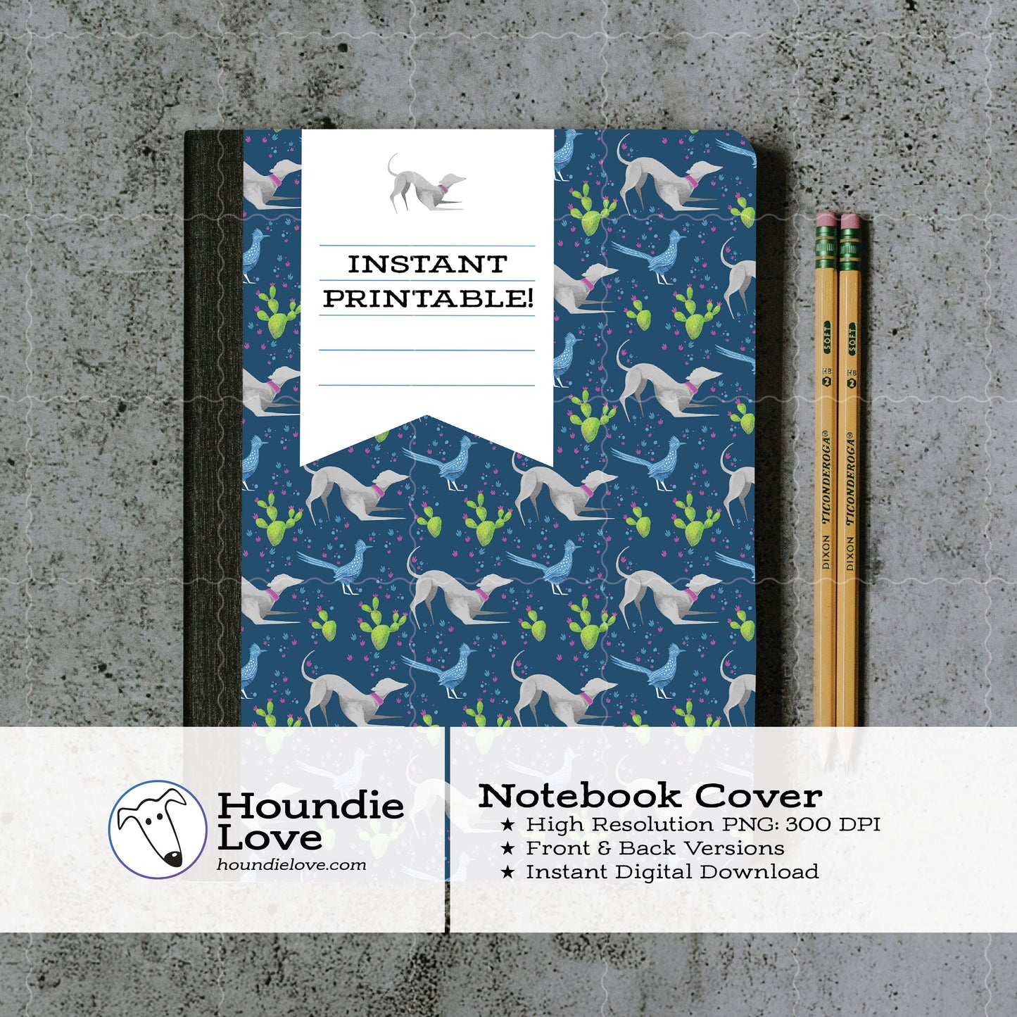 Printable Composition Notebook Cover PNG • Fast Desert Friends • Greyhound and Roadrunner • Instant Download PNG • Front & Back Files