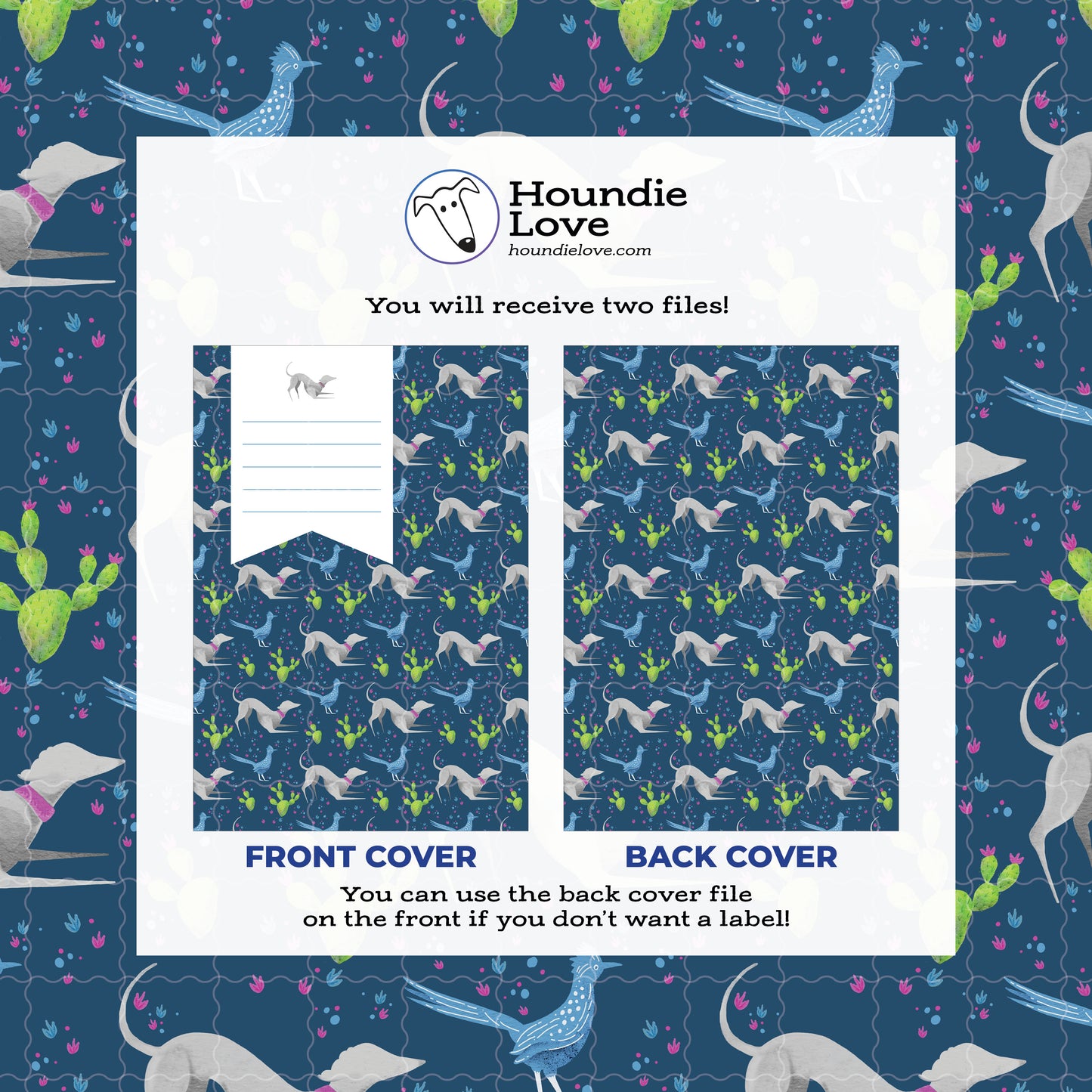 Printable Composition Notebook Cover PNG • Fast Desert Friends • Greyhound and Roadrunner • Instant Download PNG • Front & Back Files