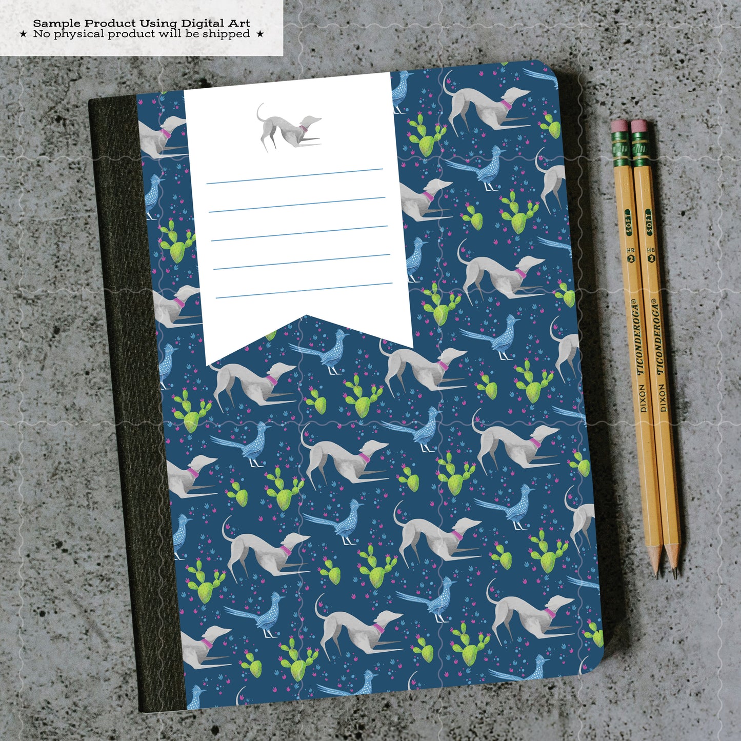 Printable Composition Notebook Cover PNG • Fast Desert Friends • Greyhound and Roadrunner • Instant Download PNG • Front & Back Files