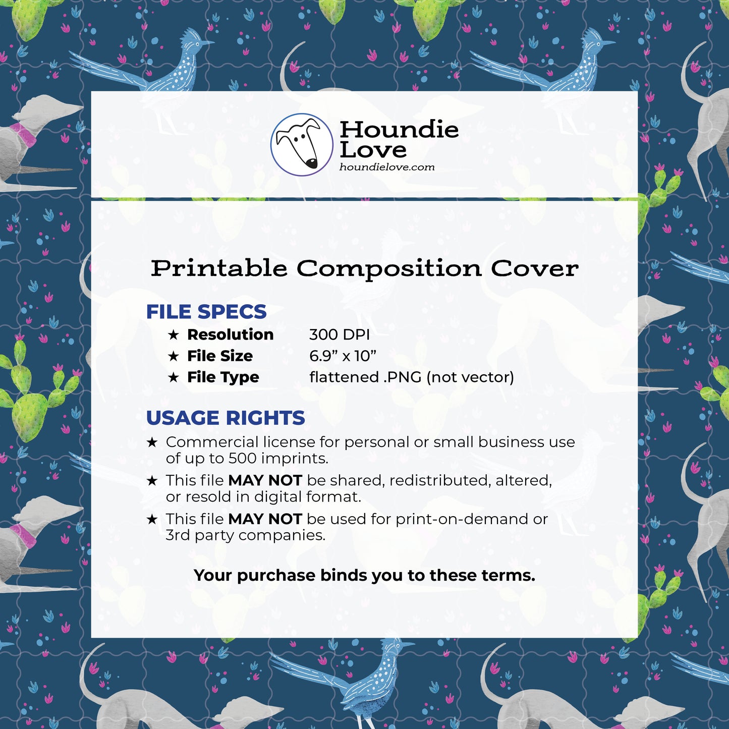 Printable Composition Notebook Cover PNG • Fast Desert Friends • Greyhound and Roadrunner • Instant Download PNG • Front & Back Files