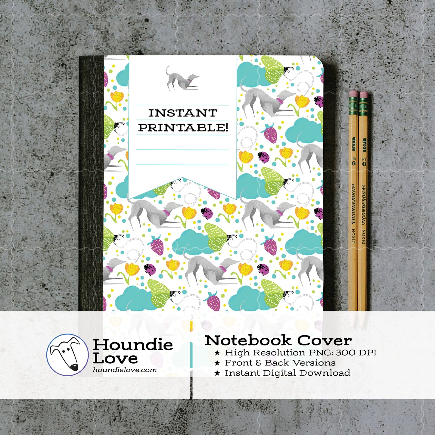 Printable Composition Notebook Cover PNG • Whimsical Greyhound in a Garden with Florals, Butterflies, Strawberries, Clouds • Digital Paper