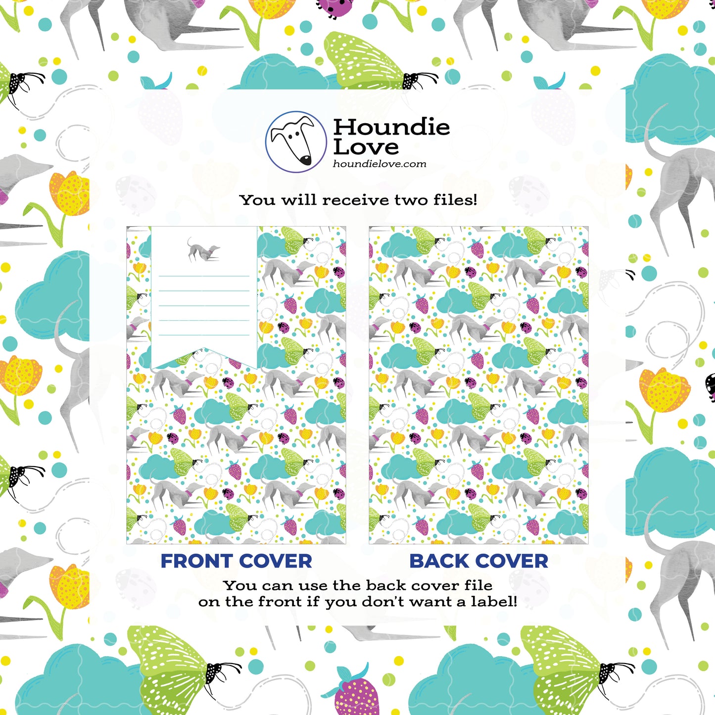 Printable Composition Notebook Cover PNG • Whimsical Greyhound in a Garden with Florals, Butterflies, Strawberries, Clouds • Digital Paper