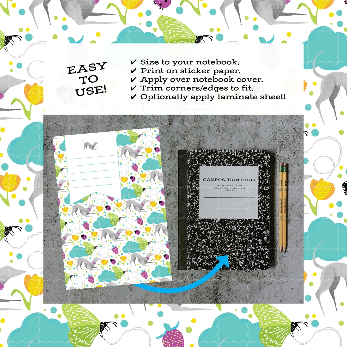 Printable Composition Notebook Cover PNG • Whimsical Greyhound in a Garden with Florals, Butterflies, Strawberries, Clouds • Digital Paper