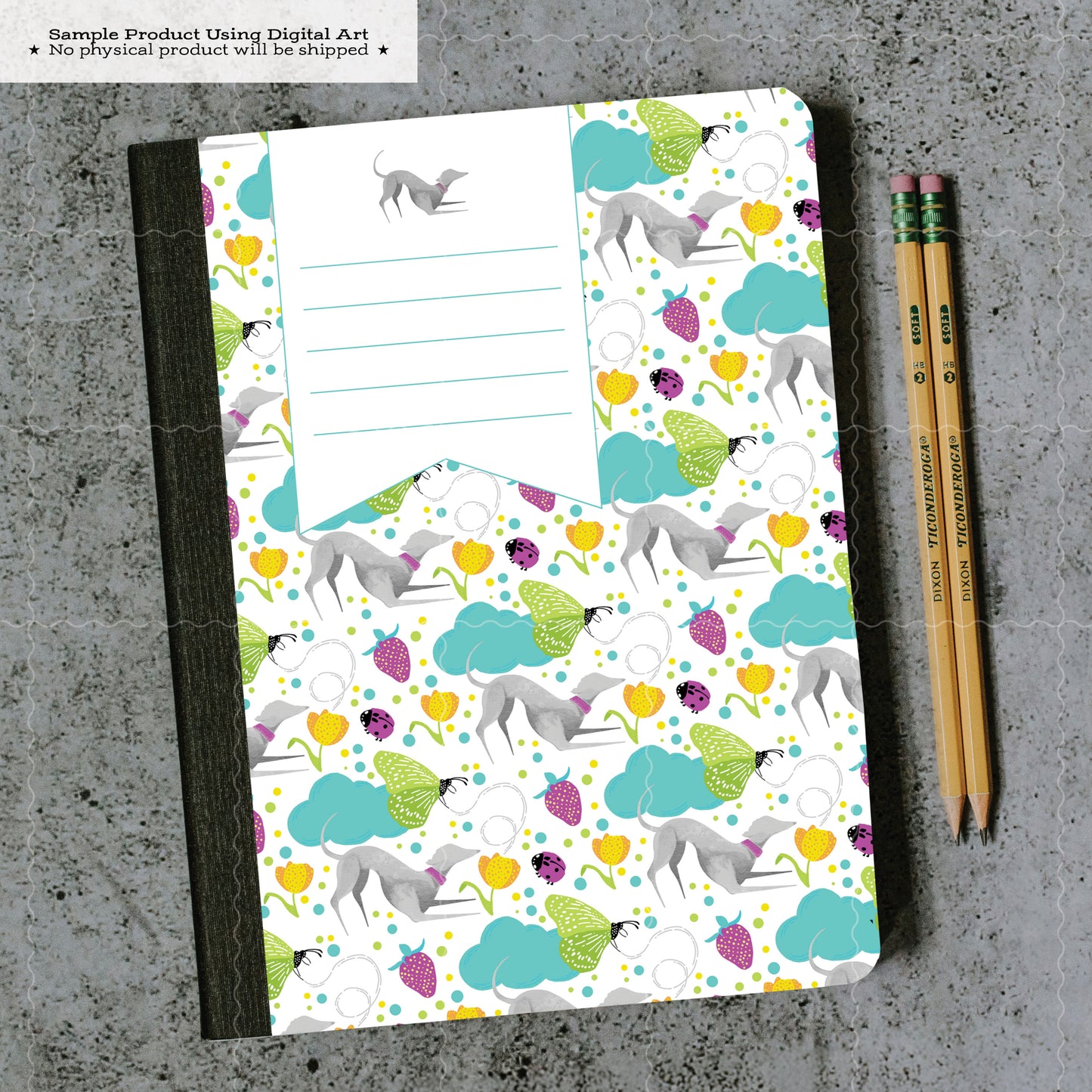 Printable Composition Notebook Cover PNG • Whimsical Greyhound in a Garden with Florals, Butterflies, Strawberries, Clouds • Digital Paper