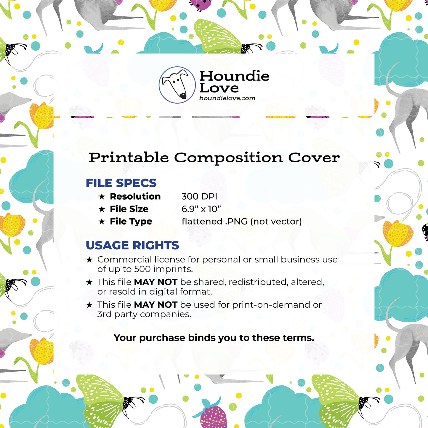 Printable Composition Notebook Cover PNG • Whimsical Greyhound in a Garden with Florals, Butterflies, Strawberries, Clouds • Digital Paper