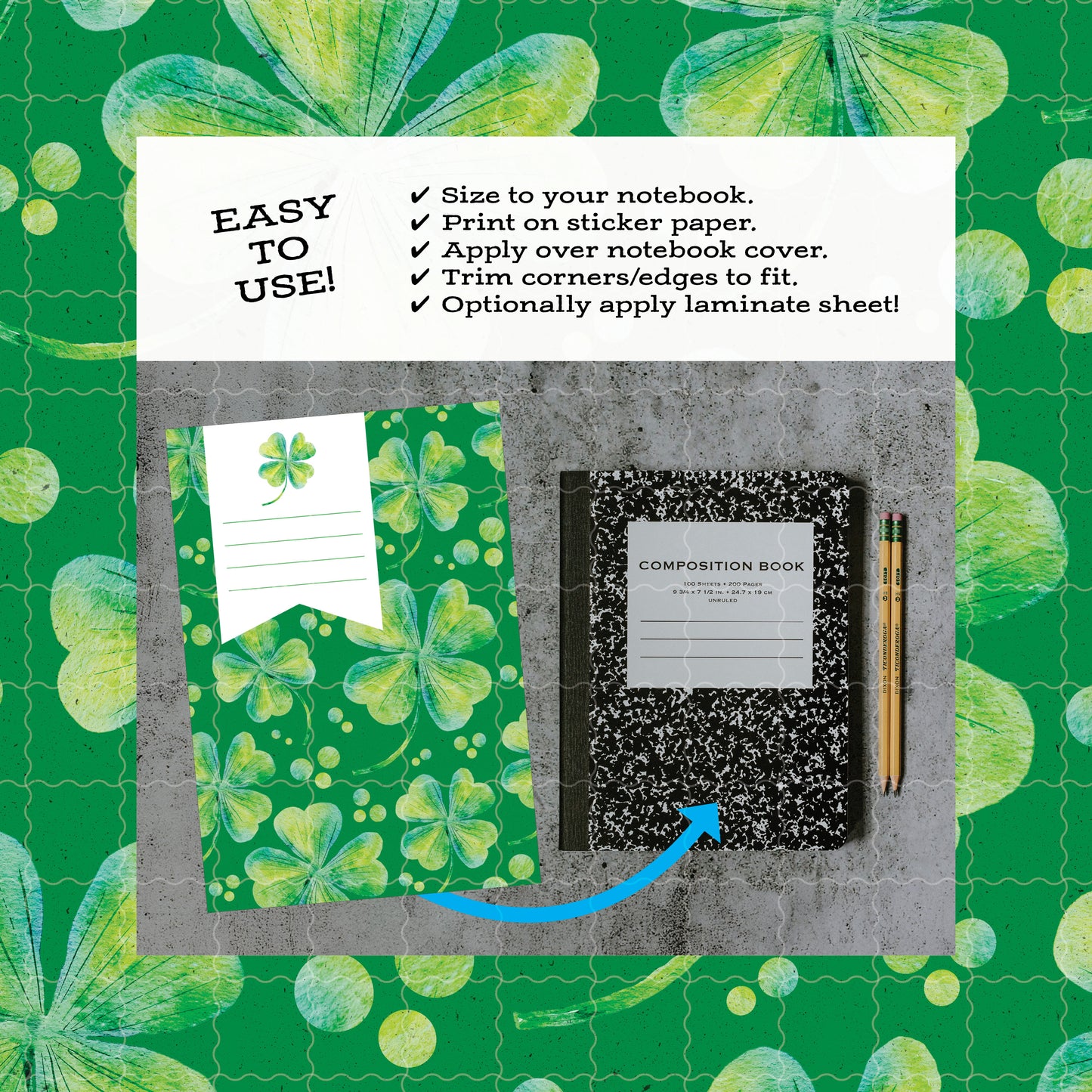 Printable Composition Notebook Cover PNG • Lucky Clover Notebook Cover • St. Patrick’s Day • Instant Download PNG • Front & Back Included