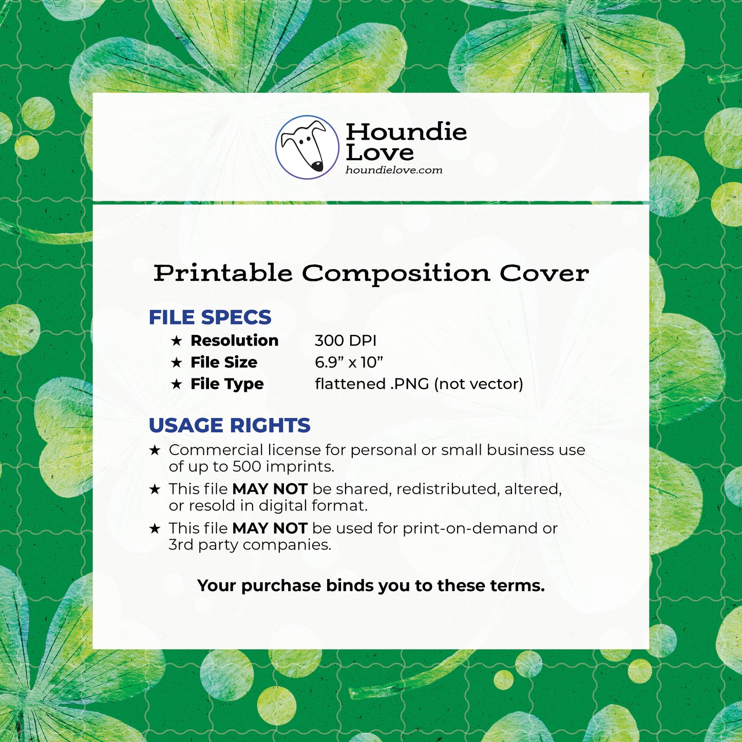Printable Composition Notebook Cover PNG • Lucky Clover Notebook Cover • St. Patrick’s Day • Instant Download PNG • Front & Back Included