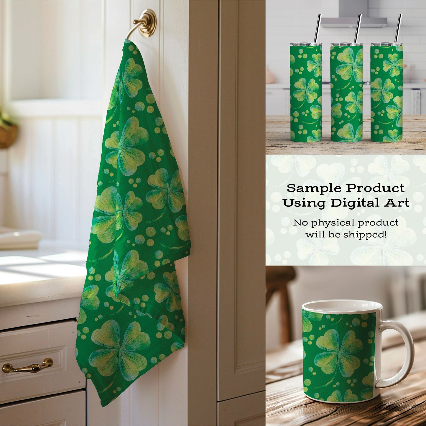 Watercolor Four Leaf Clover Pattern • Seamless Green PNG • St. Patrick’s Day Digital Paper • 300 DPI Instant Download