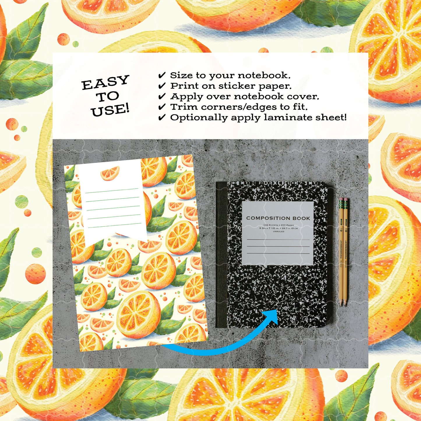 Citrus Sunshine • Watercolor Oranges and Slices • Printable notebook cover • Original Watercolor Art