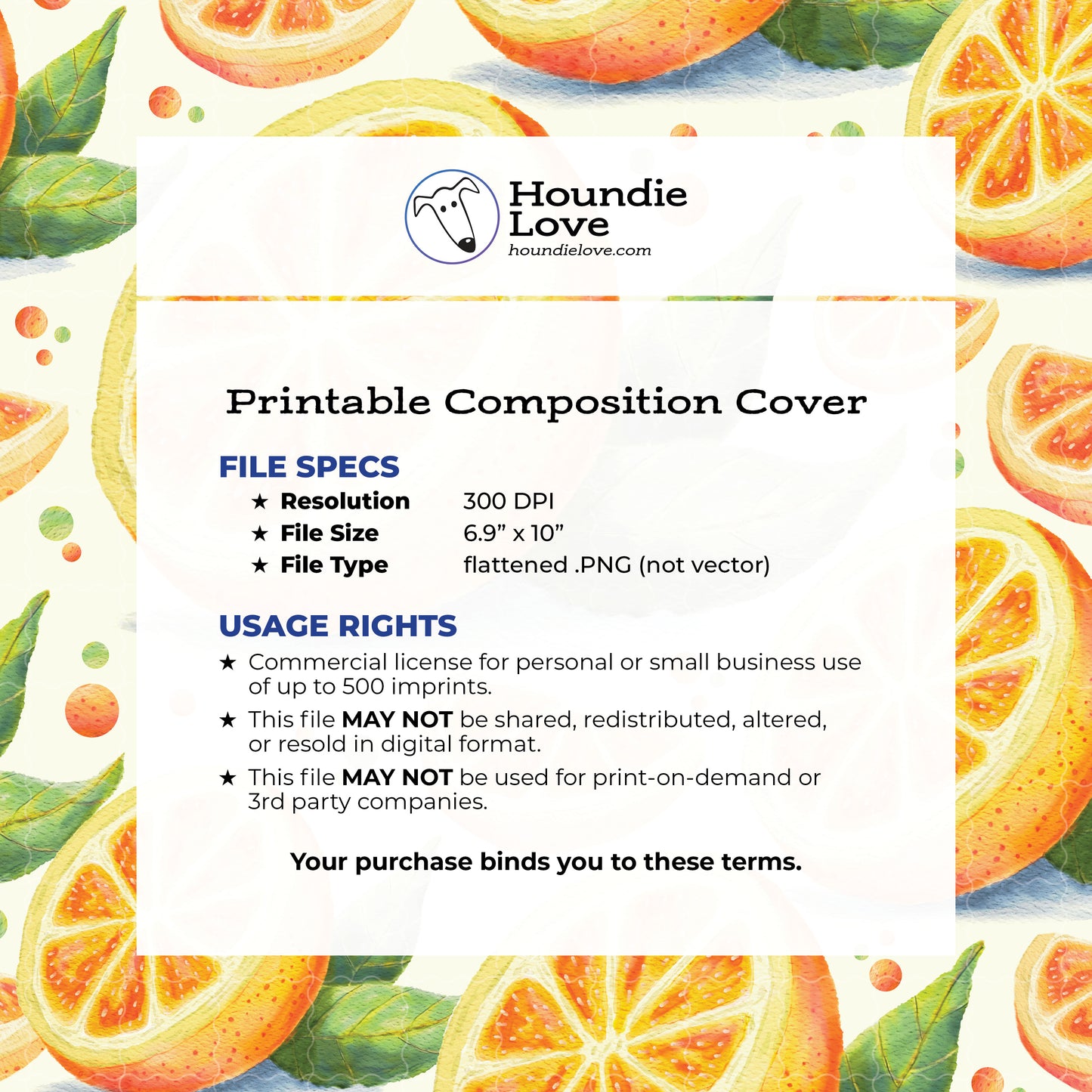 Citrus Sunshine • Watercolor Oranges and Slices • Printable notebook cover • Original Watercolor Art