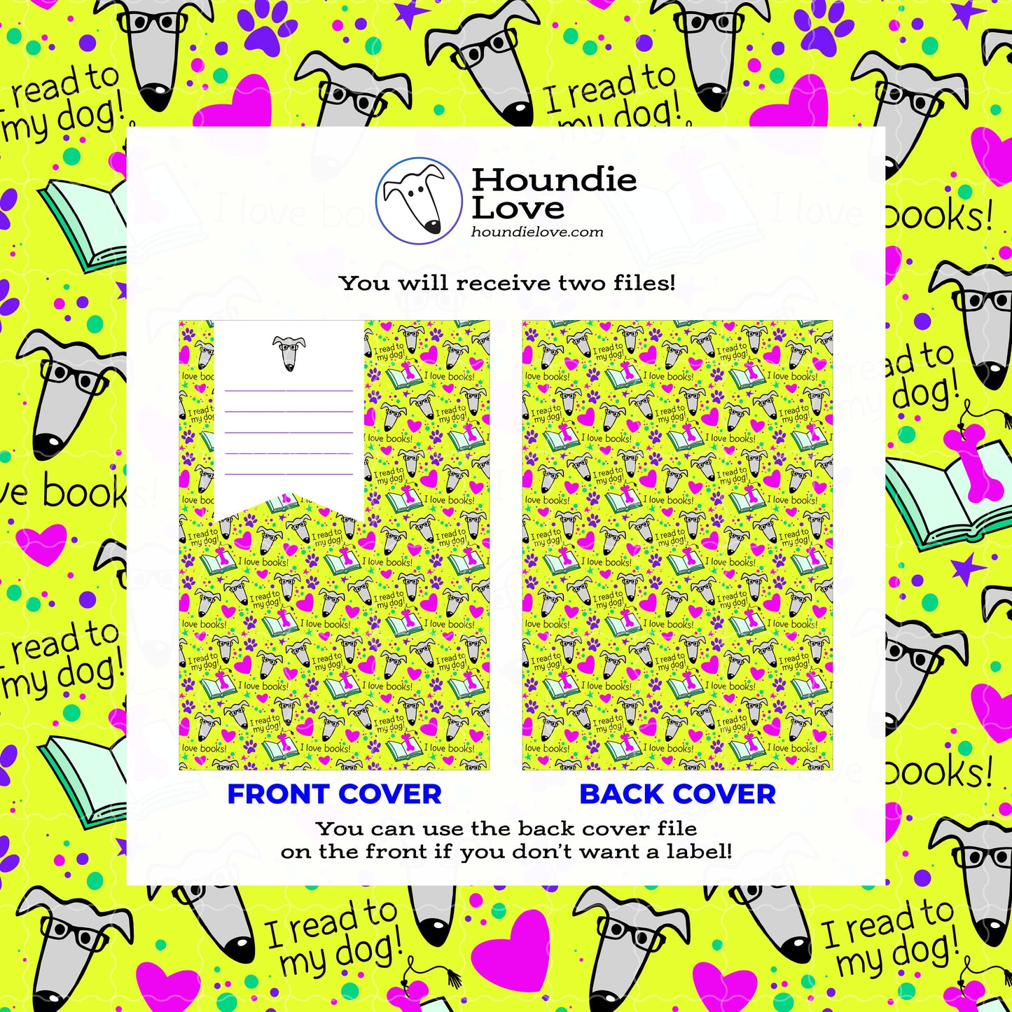 Printable Composition Notebook Cover PNG • I Read to My Dog! Neon • Greyhound Reading Instant Download PNG • Front & Back Files