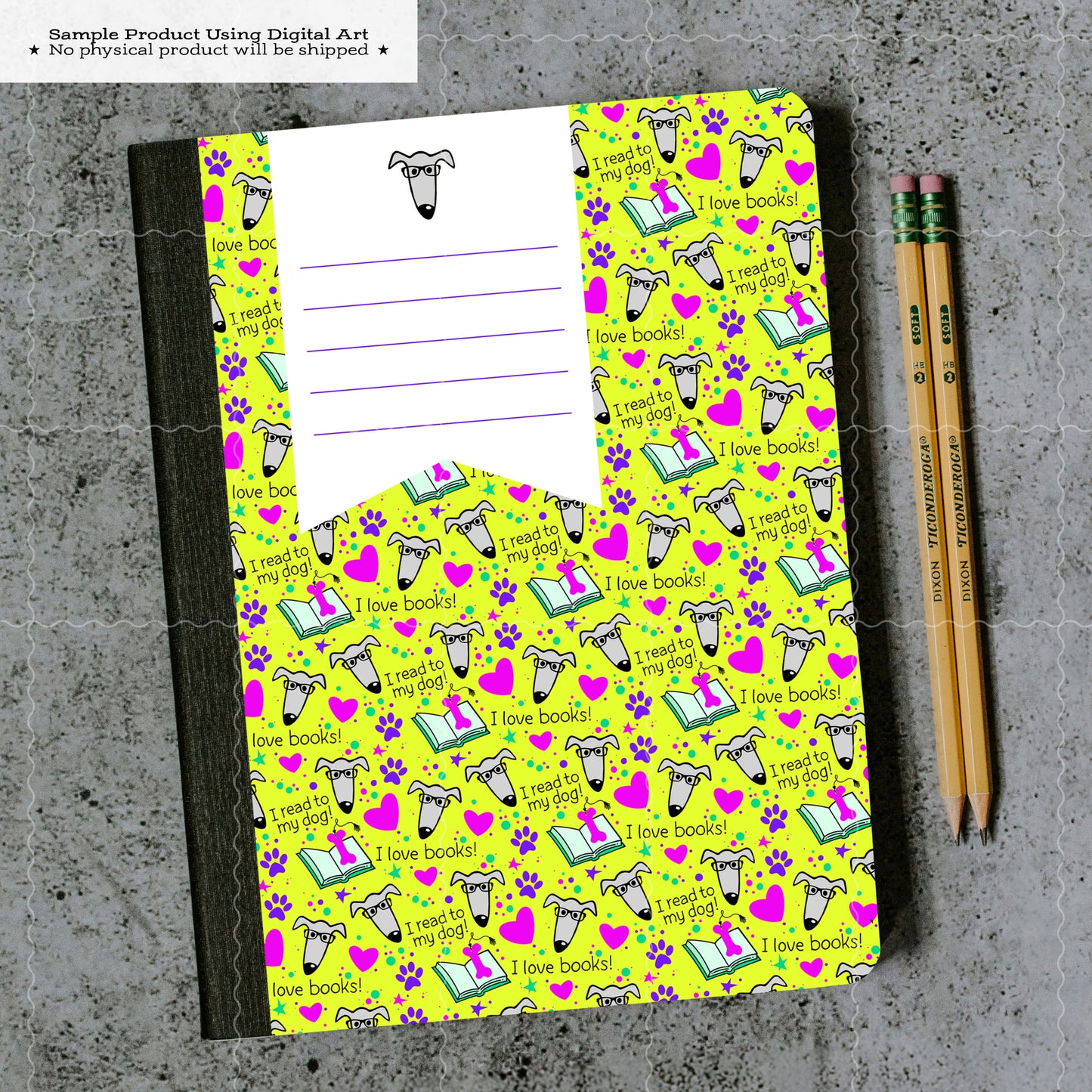 Printable Composition Notebook Cover PNG • I Read to My Dog! Neon • Greyhound Reading Instant Download PNG • Front & Back Files