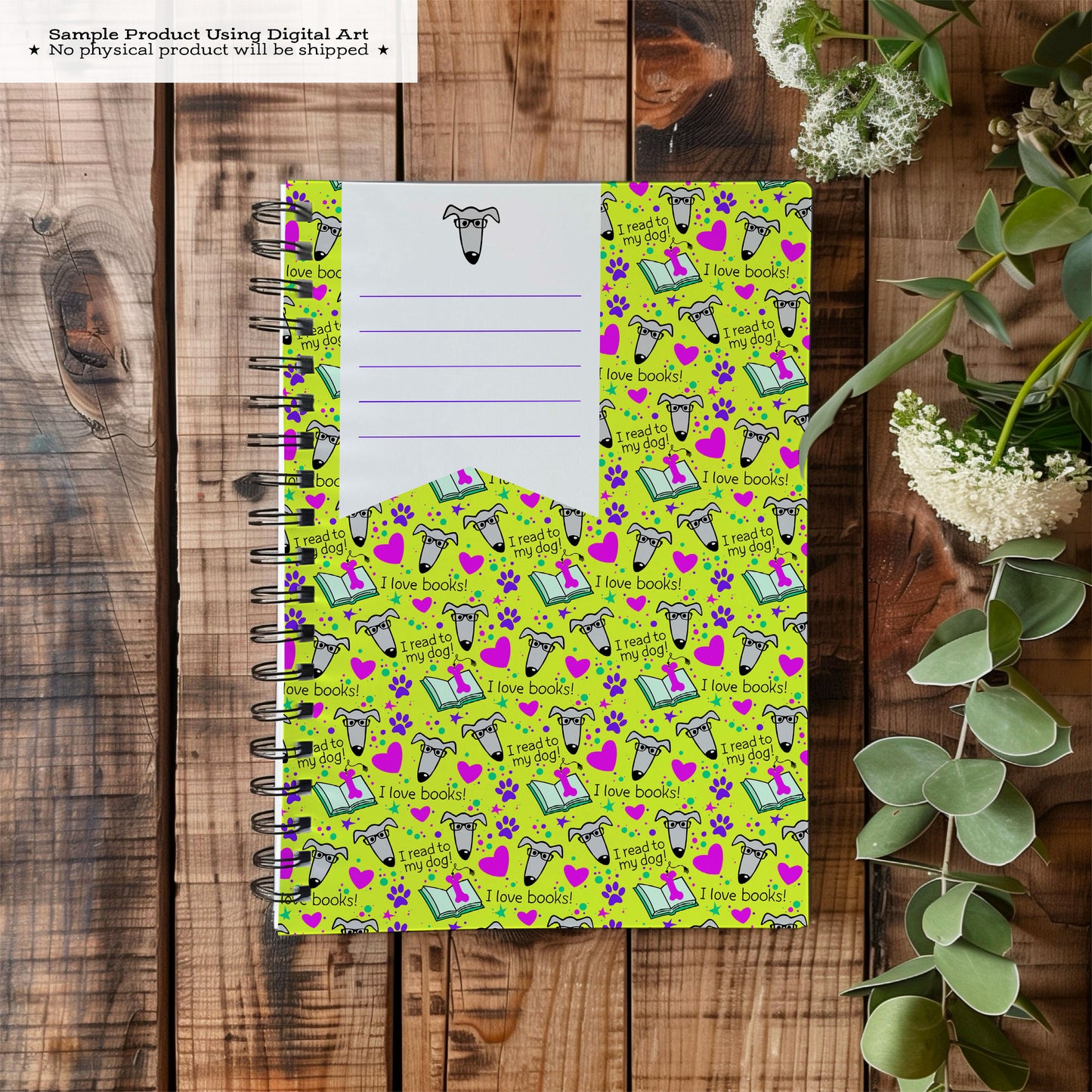 Printable Composition Notebook Cover PNG • I Read to My Dog! Neon • Greyhound Reading Instant Download PNG • Front & Back Files