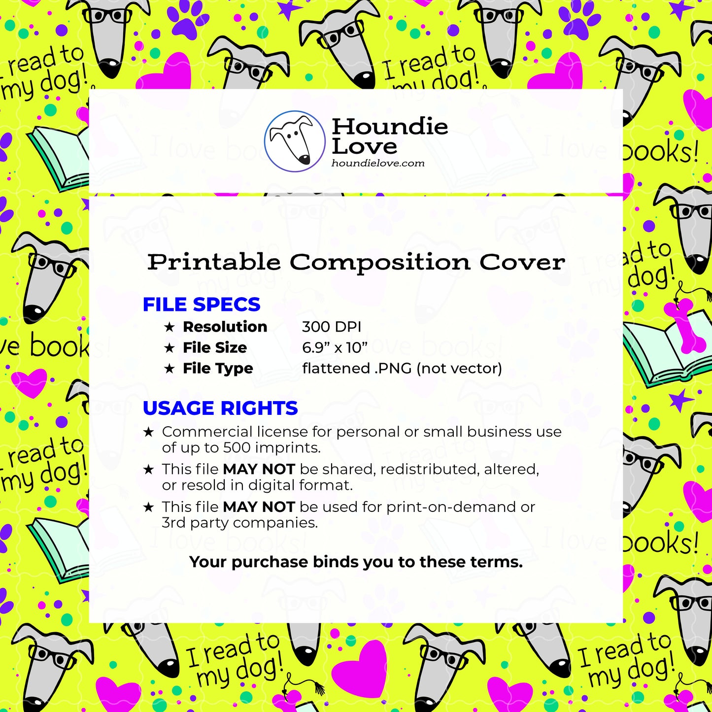 Printable Composition Notebook Cover PNG • I Read to My Dog! Neon • Greyhound Reading Instant Download PNG • Front & Back Files