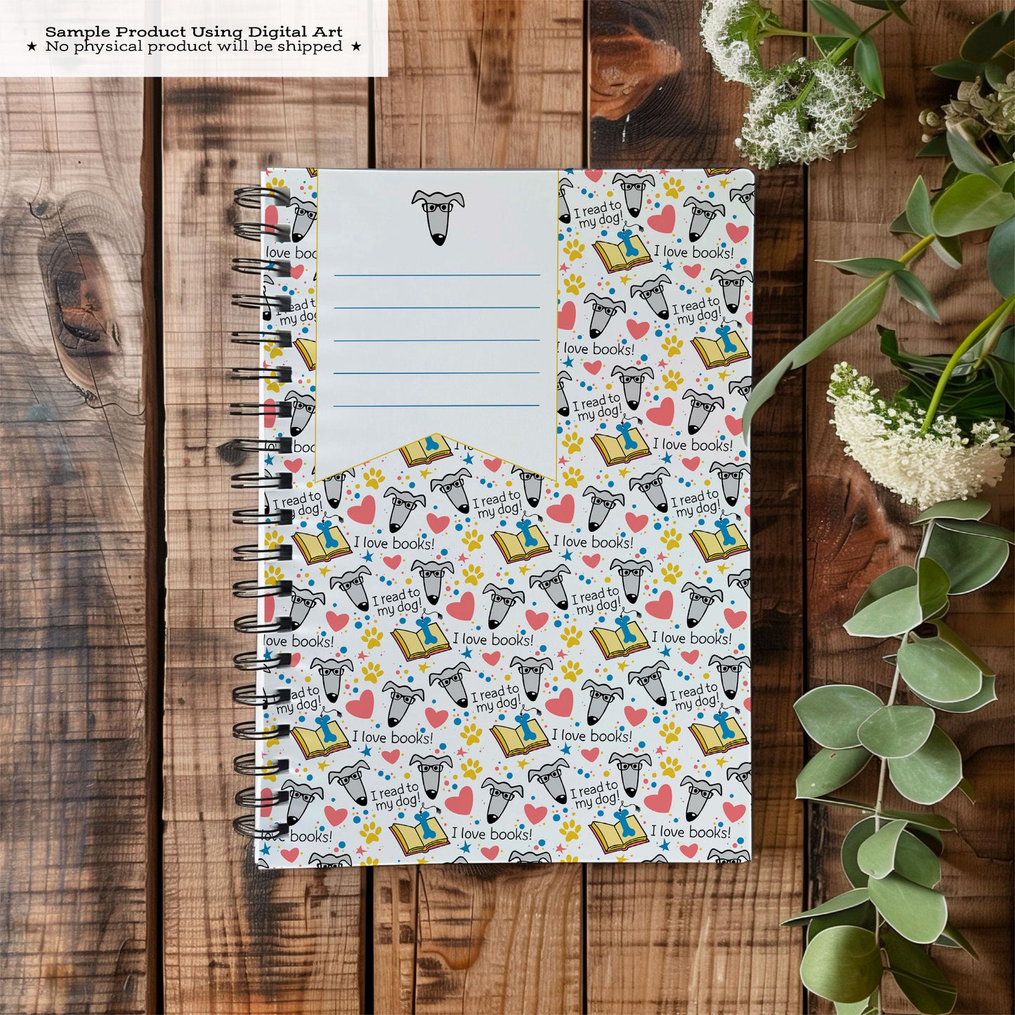 Printable Composition Notebook Cover PNG • I Read to My Dog! • Greyhound Reading Instant Download PNG • Front & Back Files