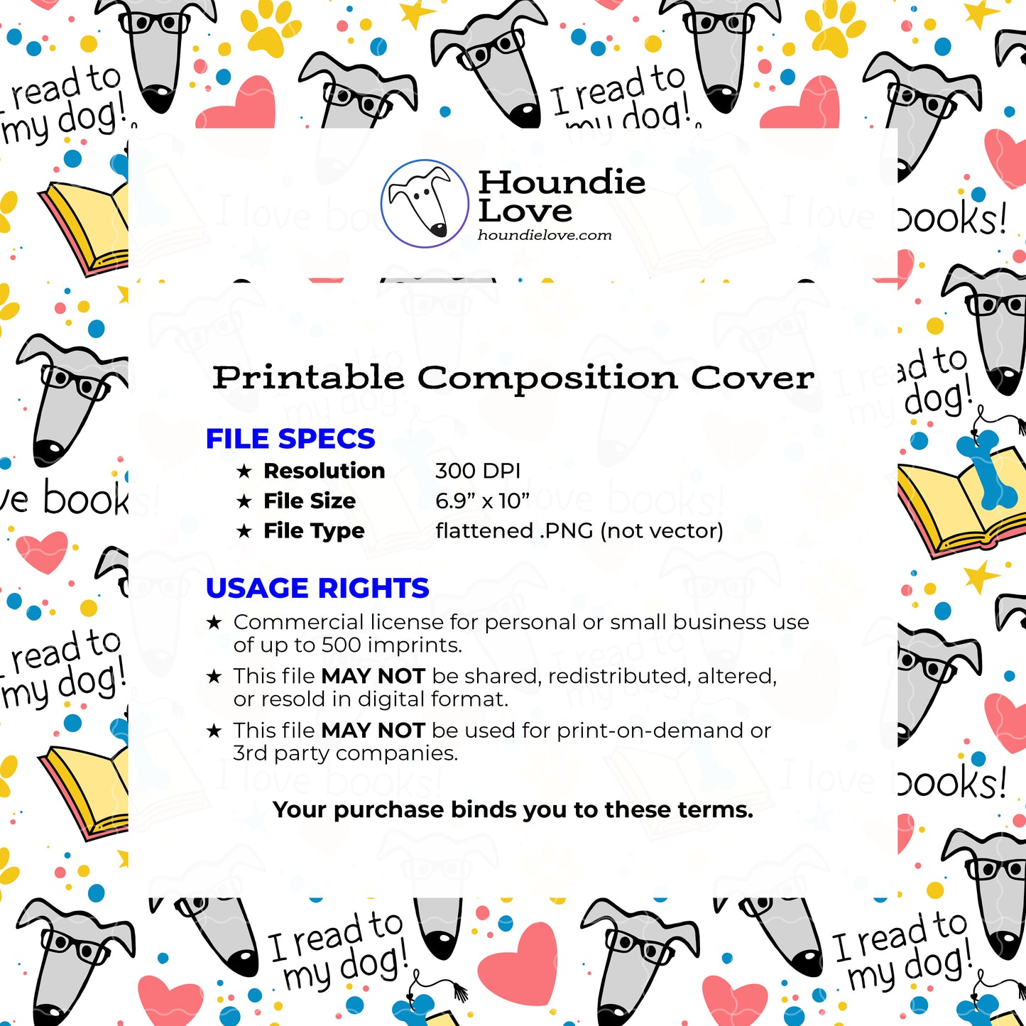 Printable Composition Notebook Cover PNG • I Read to My Dog! • Greyhound Reading Instant Download PNG • Front & Back Files