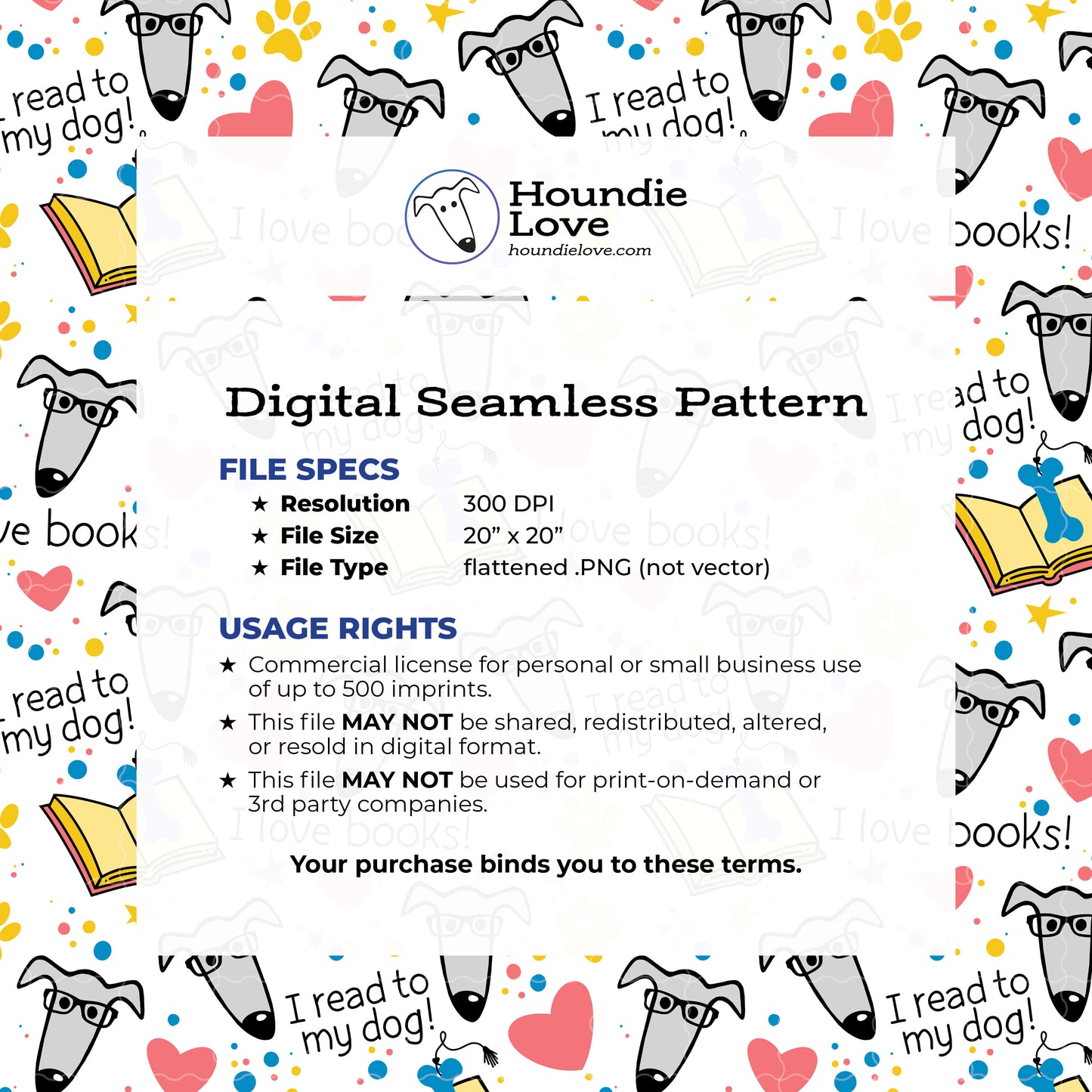 I Read to My Dog Pattern • Greyhound Reading Seamless PNG • Digital Dog Book Print • Gift Wrap & Teacher Craft File