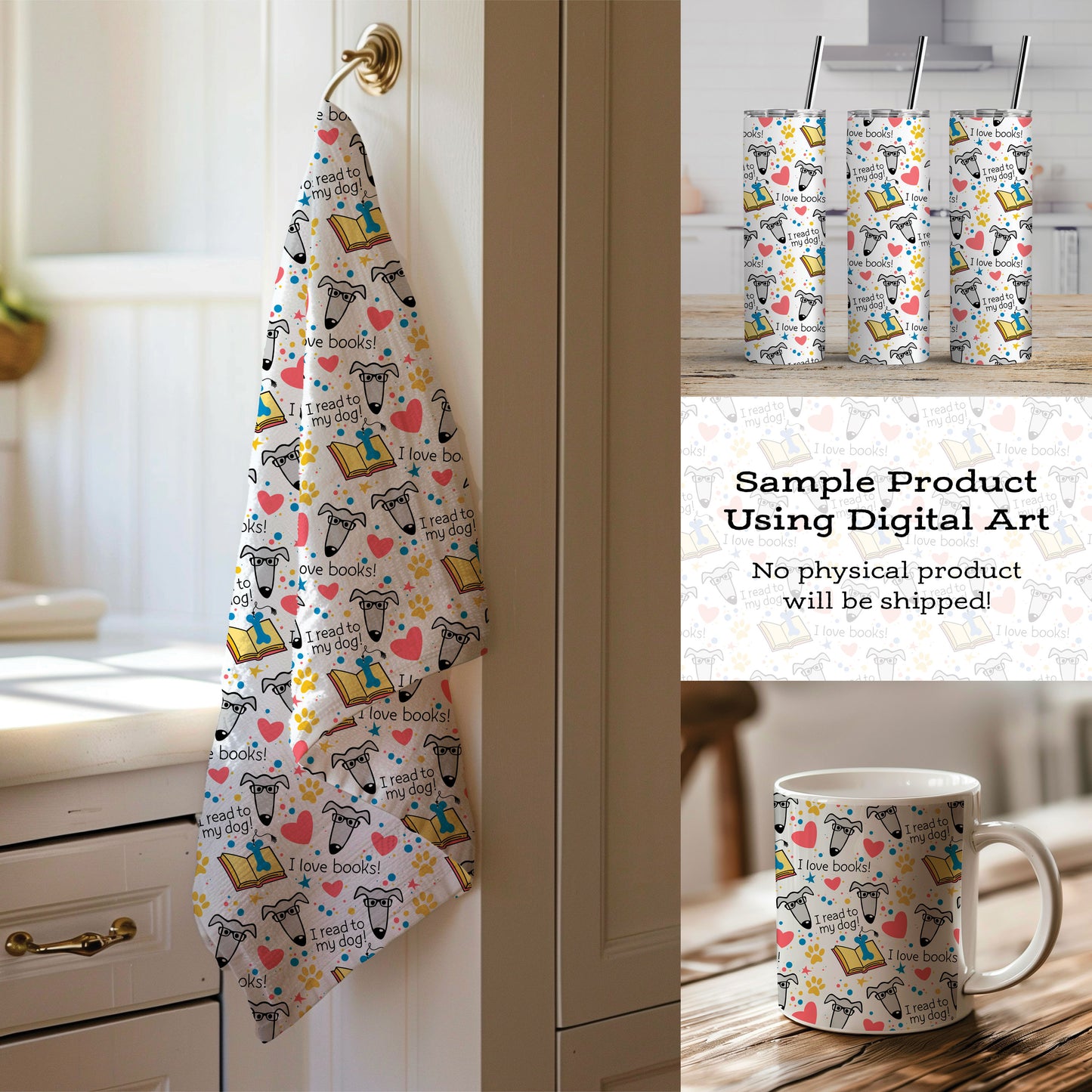 I Read to My Dog Pattern • Greyhound Reading Seamless PNG • Digital Dog Book Print • Gift Wrap & Teacher Craft File