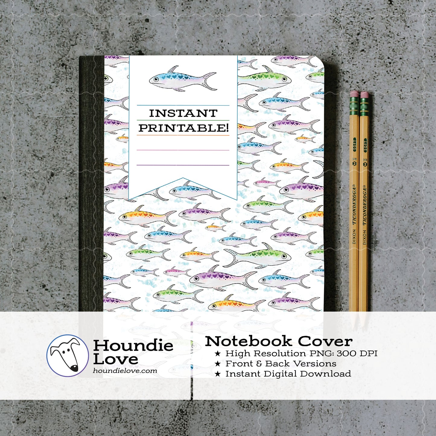 Printable Composition Notebook Cover PNG • Rainbow Sardine Hearts • Watercolor Fish Digital Paper • Ocean
