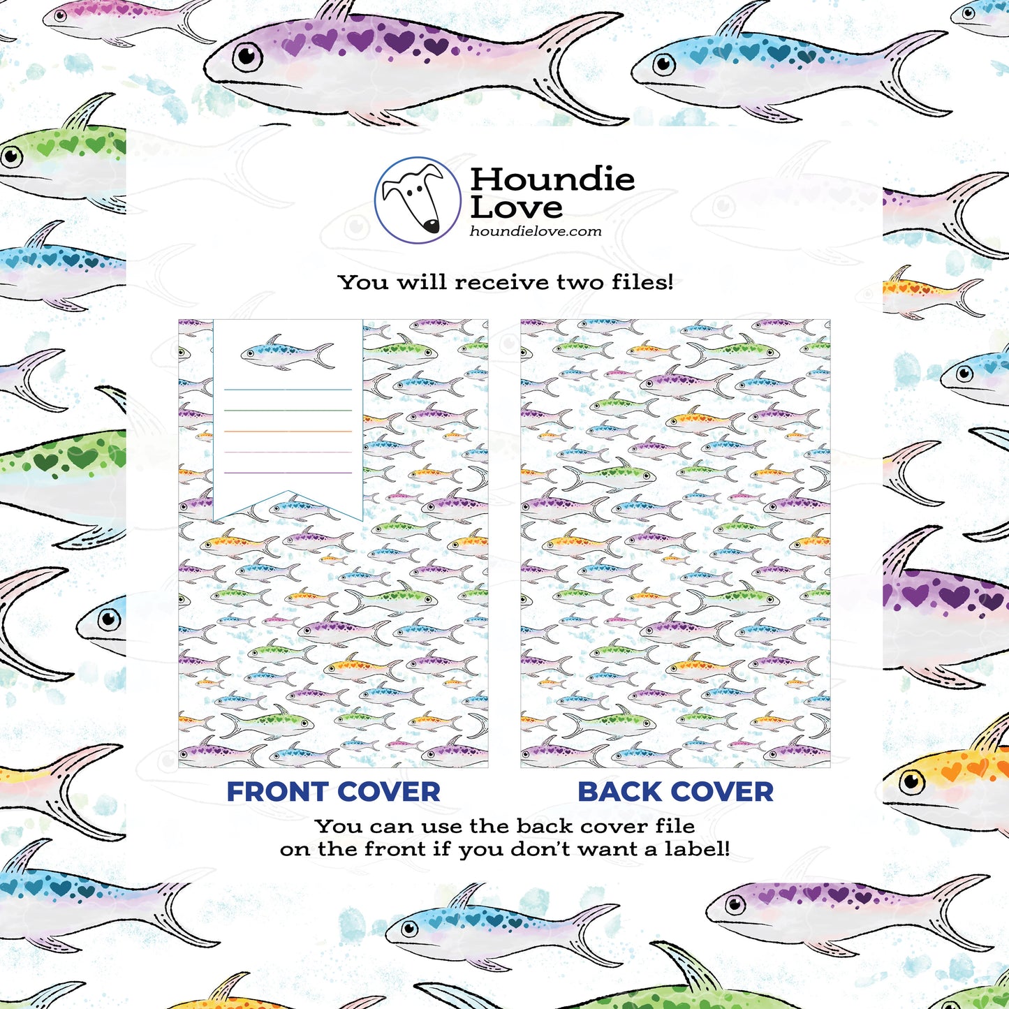 Printable Composition Notebook Cover PNG • Rainbow Sardine Hearts • Watercolor Fish Digital Paper • Ocean