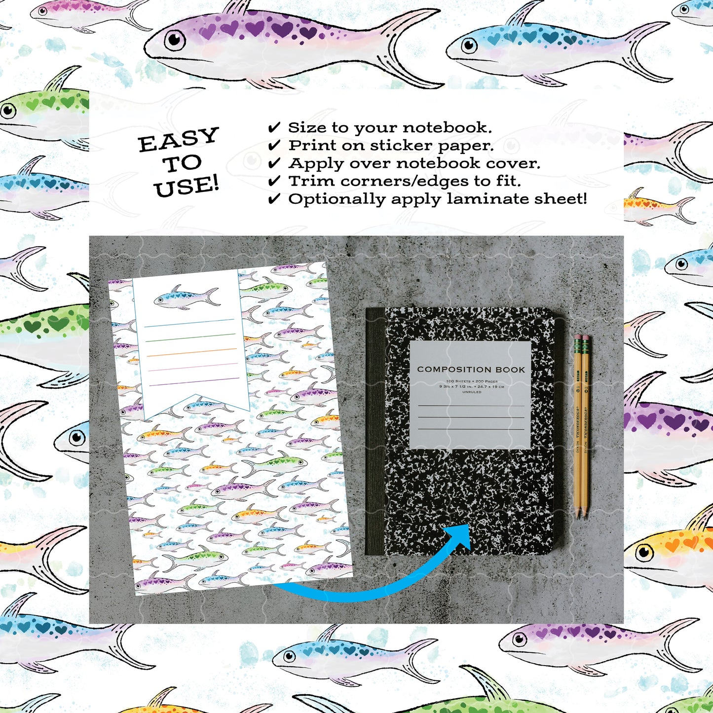 Printable Composition Notebook Cover PNG • Rainbow Sardine Hearts • Watercolor Fish Digital Paper • Ocean