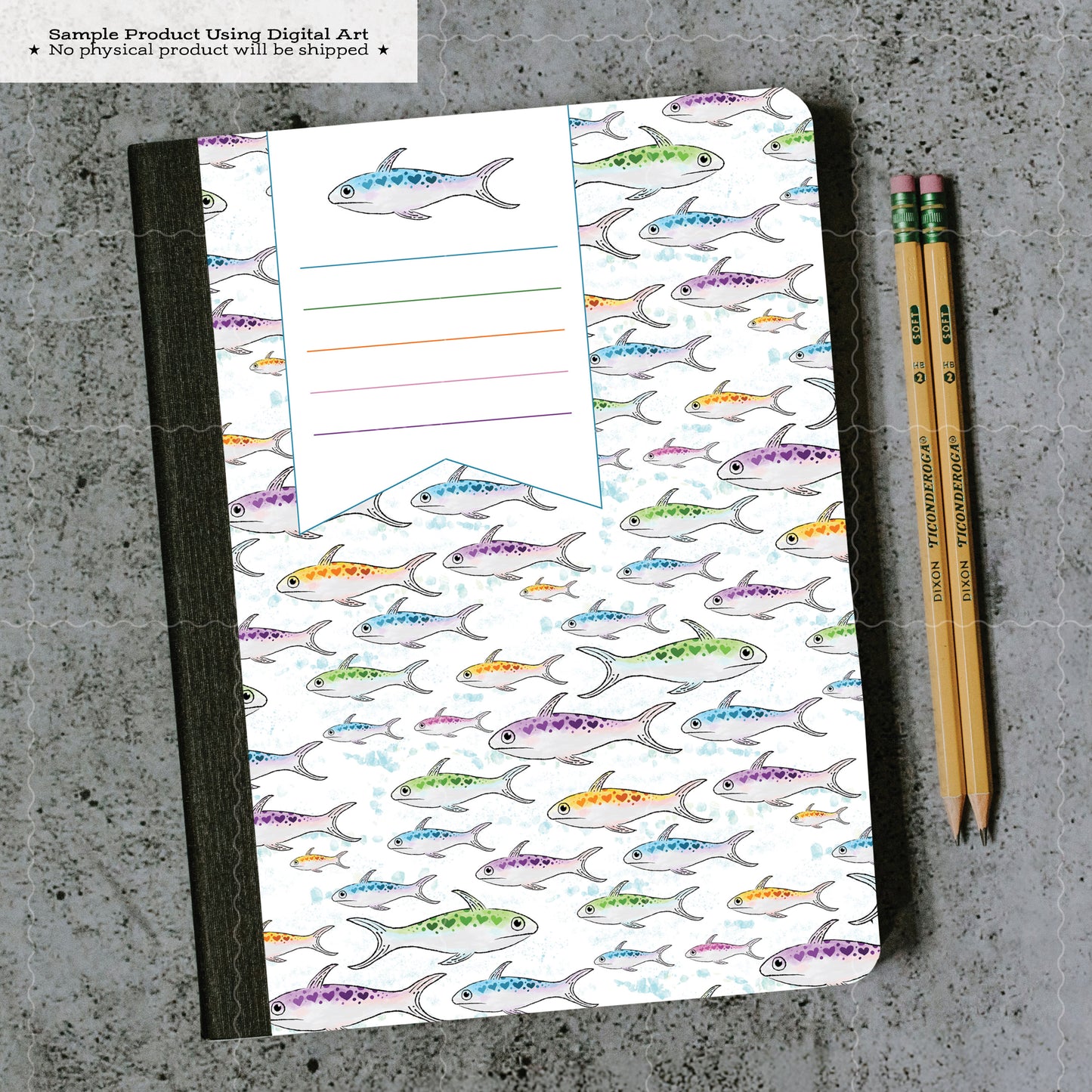 Printable Composition Notebook Cover PNG • Rainbow Sardine Hearts • Watercolor Fish Digital Paper • Ocean