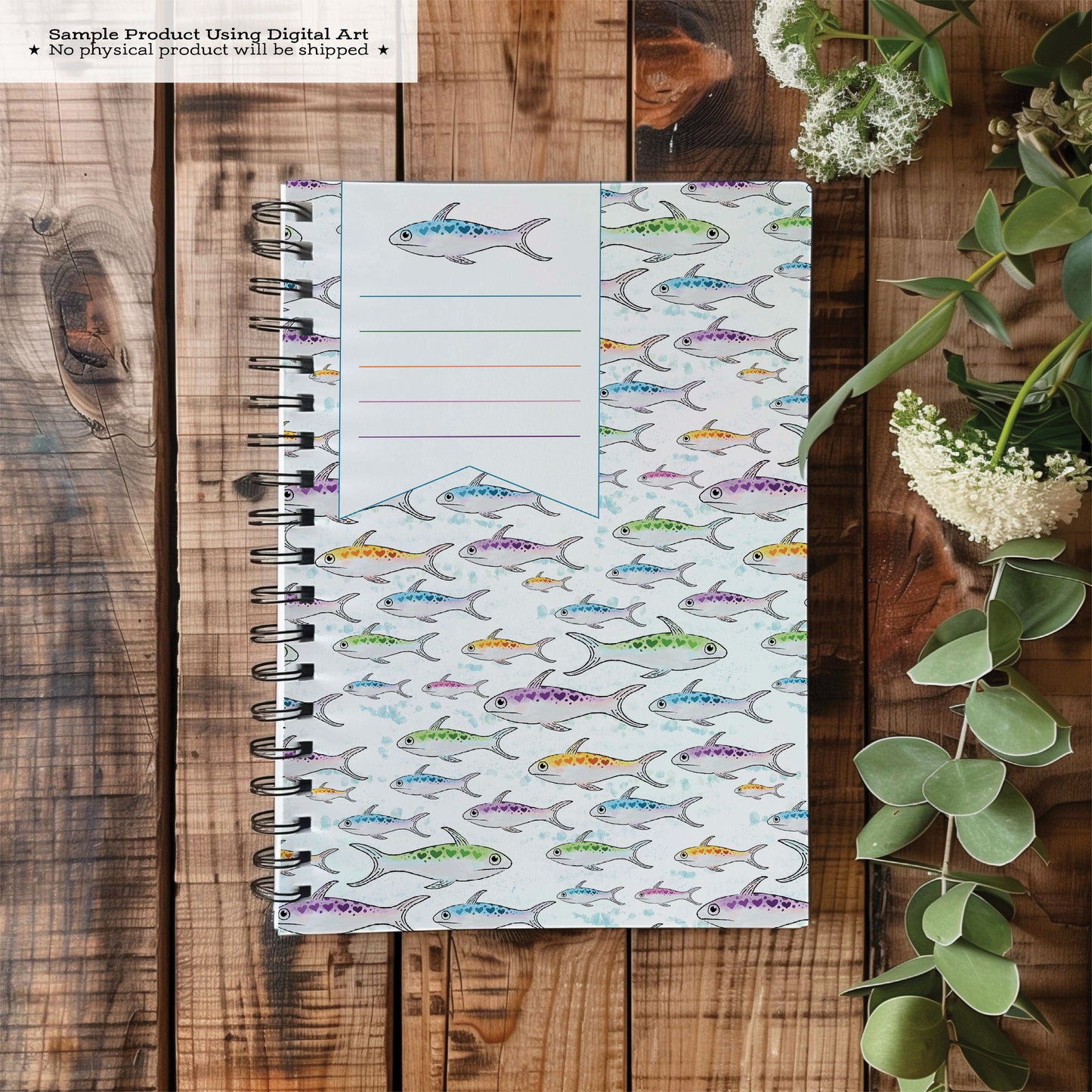 Printable Composition Notebook Cover PNG • Rainbow Sardine Hearts • Watercolor Fish Digital Paper • Ocean