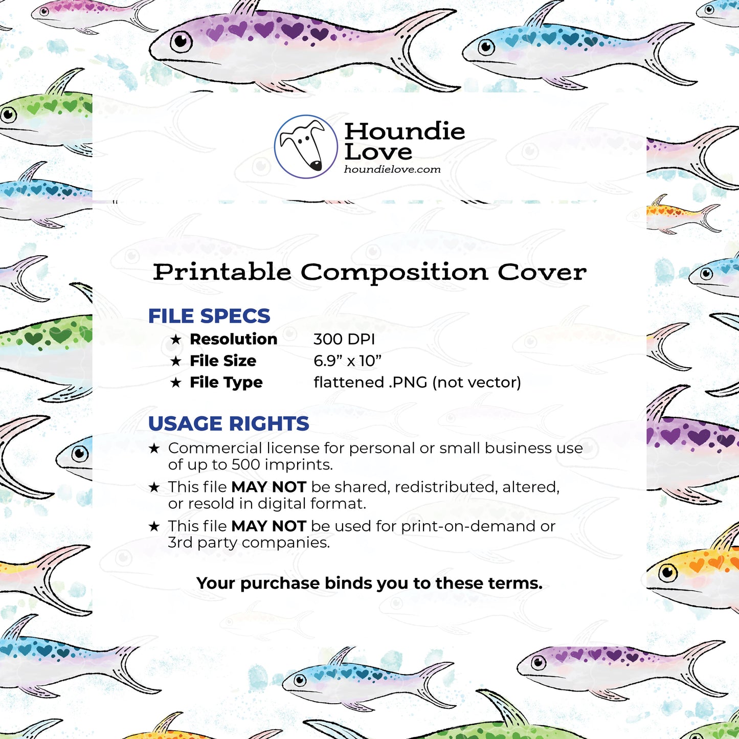 Printable Composition Notebook Cover PNG • Rainbow Sardine Hearts • Watercolor Fish Digital Paper • Ocean