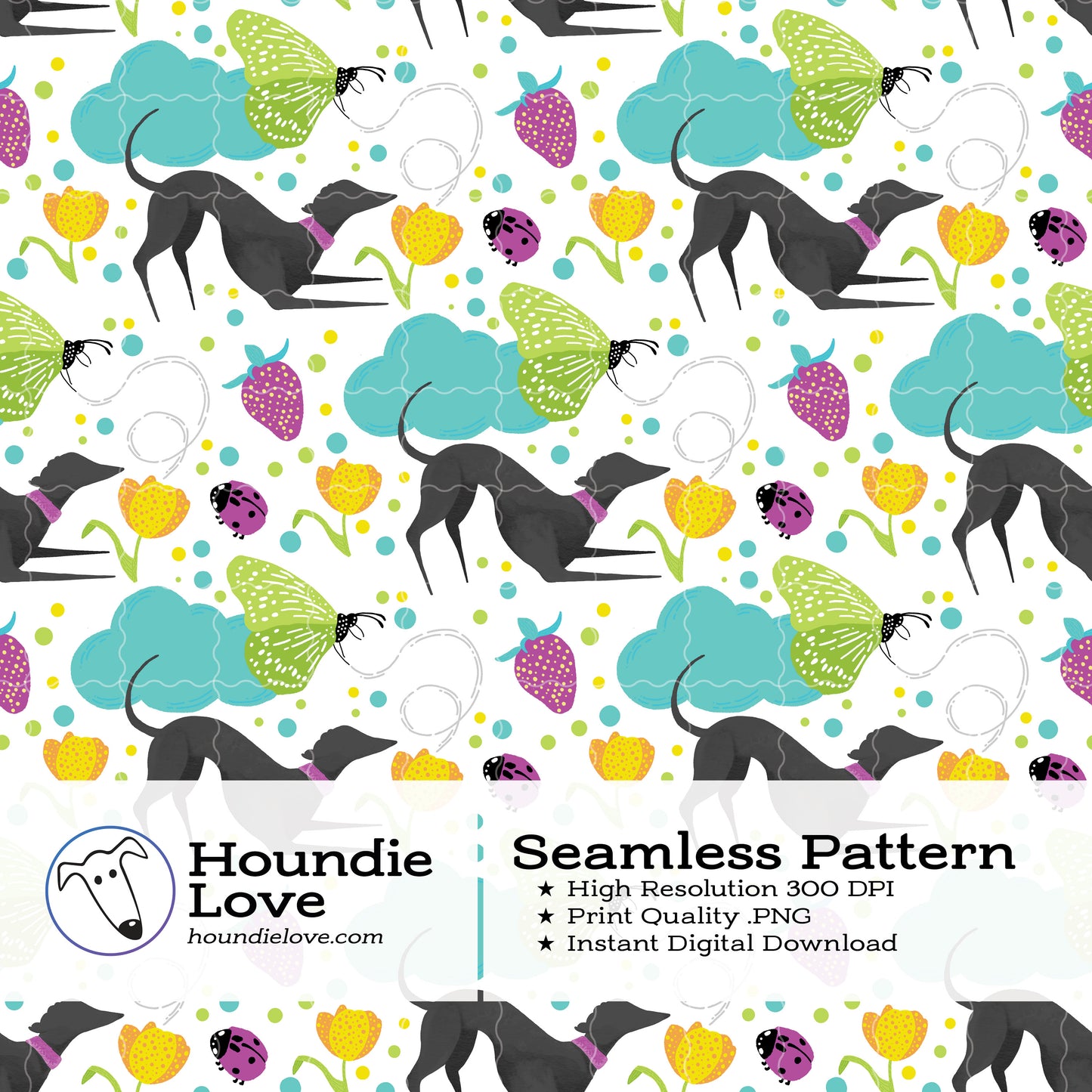 Greyhounds chasing butterflies in a summer garden – Digital Seamless Pattern
