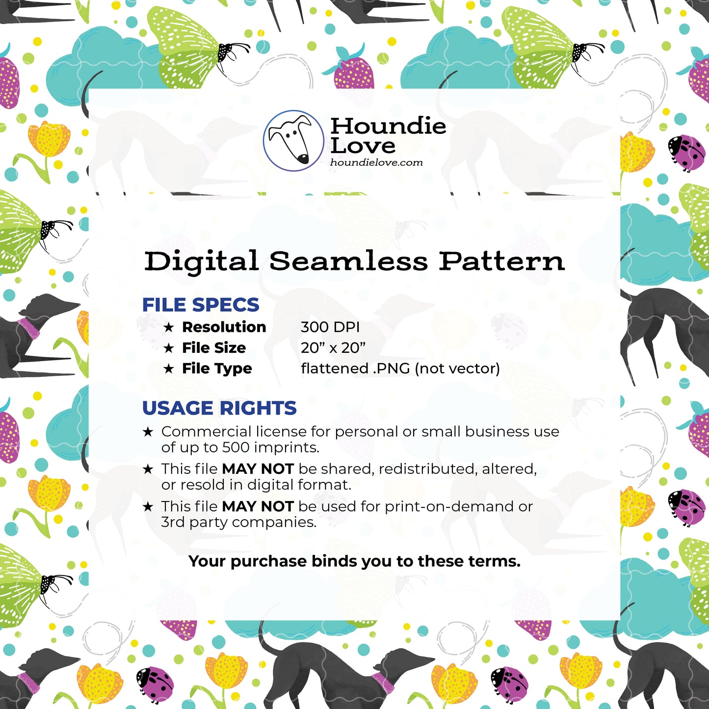 Greyhounds chasing butterflies in a summer garden – Digital Seamless Pattern