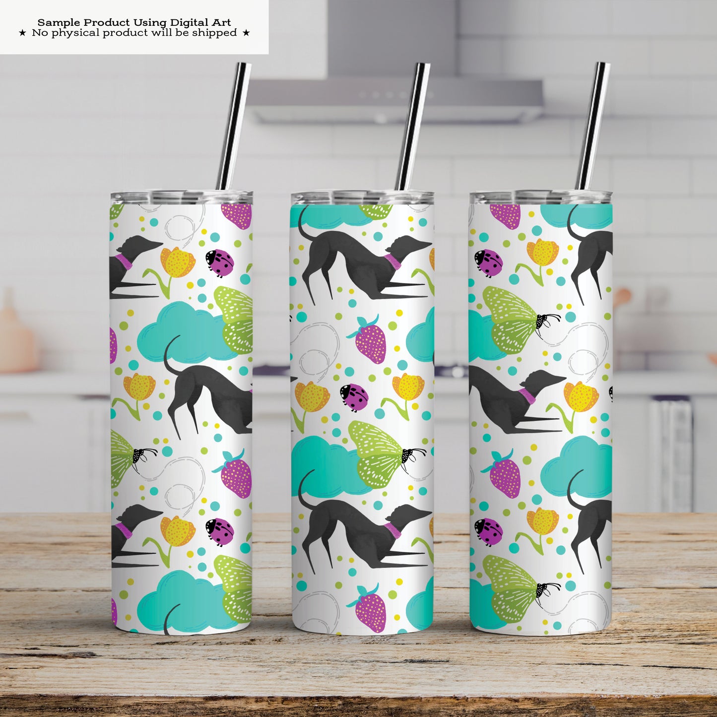 Greyhounds chasing butterflies in a summer garden – Digital Seamless Pattern