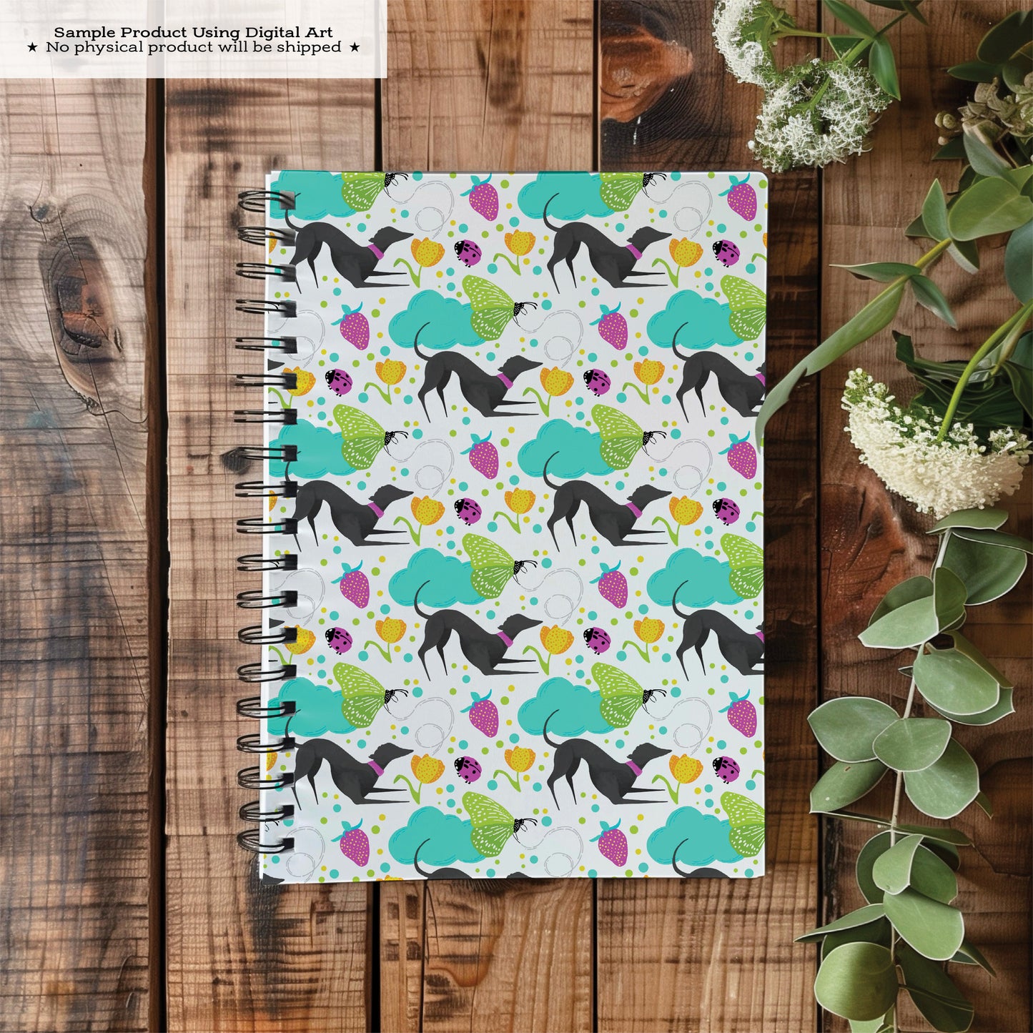Greyhounds chasing butterflies in a summer garden – Digital Seamless Pattern