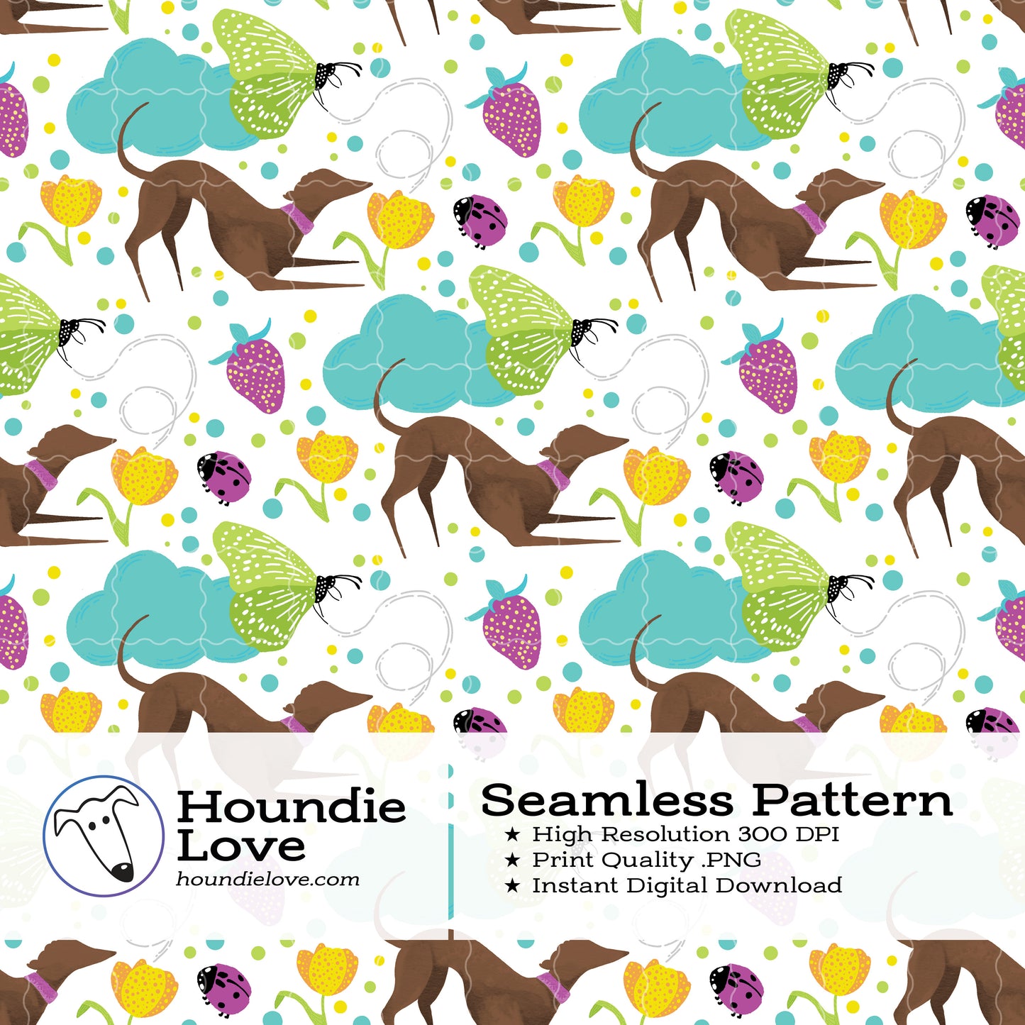 Greyhounds chasing butterflies in a summer garden – Digital Seamless Pattern