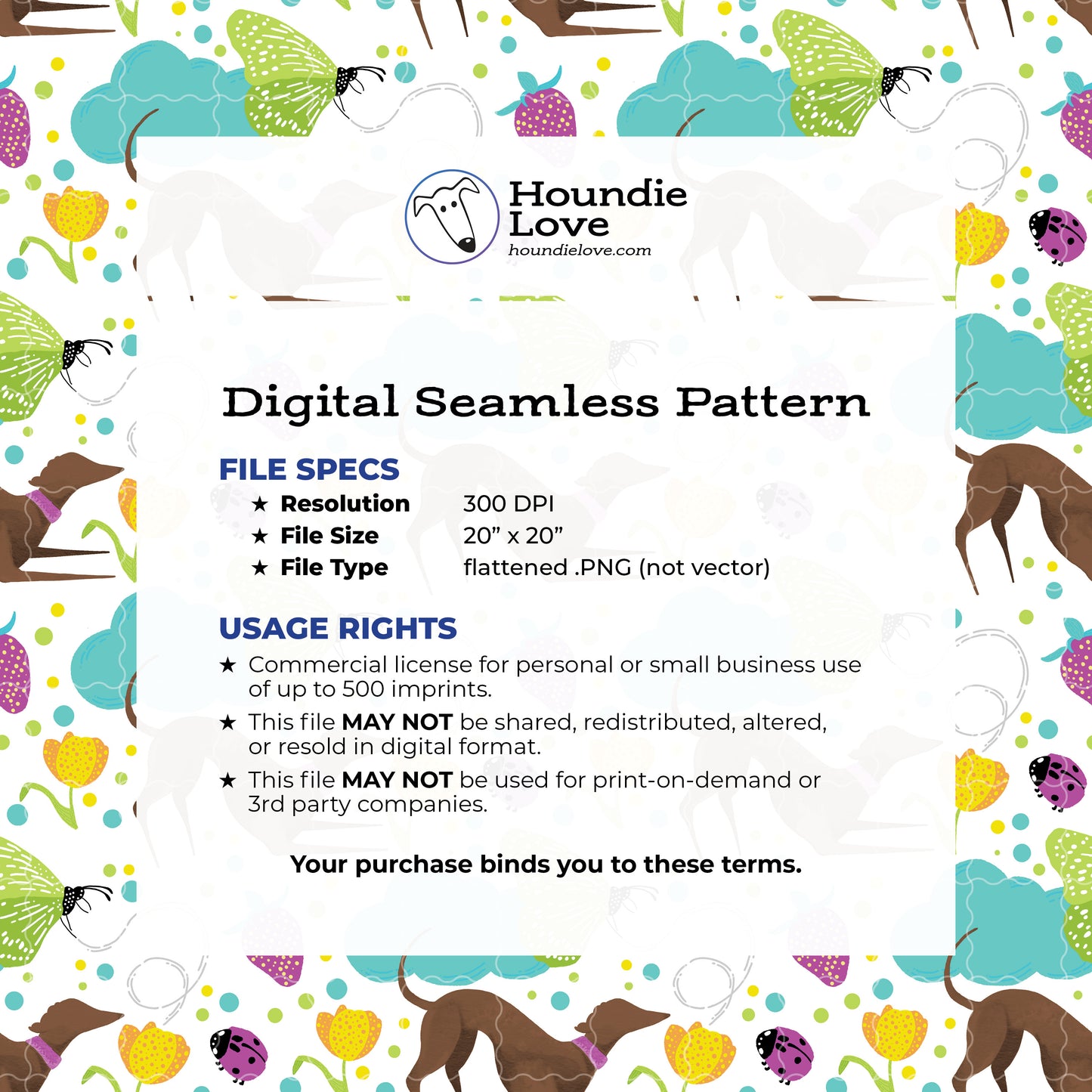 Greyhounds chasing butterflies in a summer garden – Digital Seamless Pattern