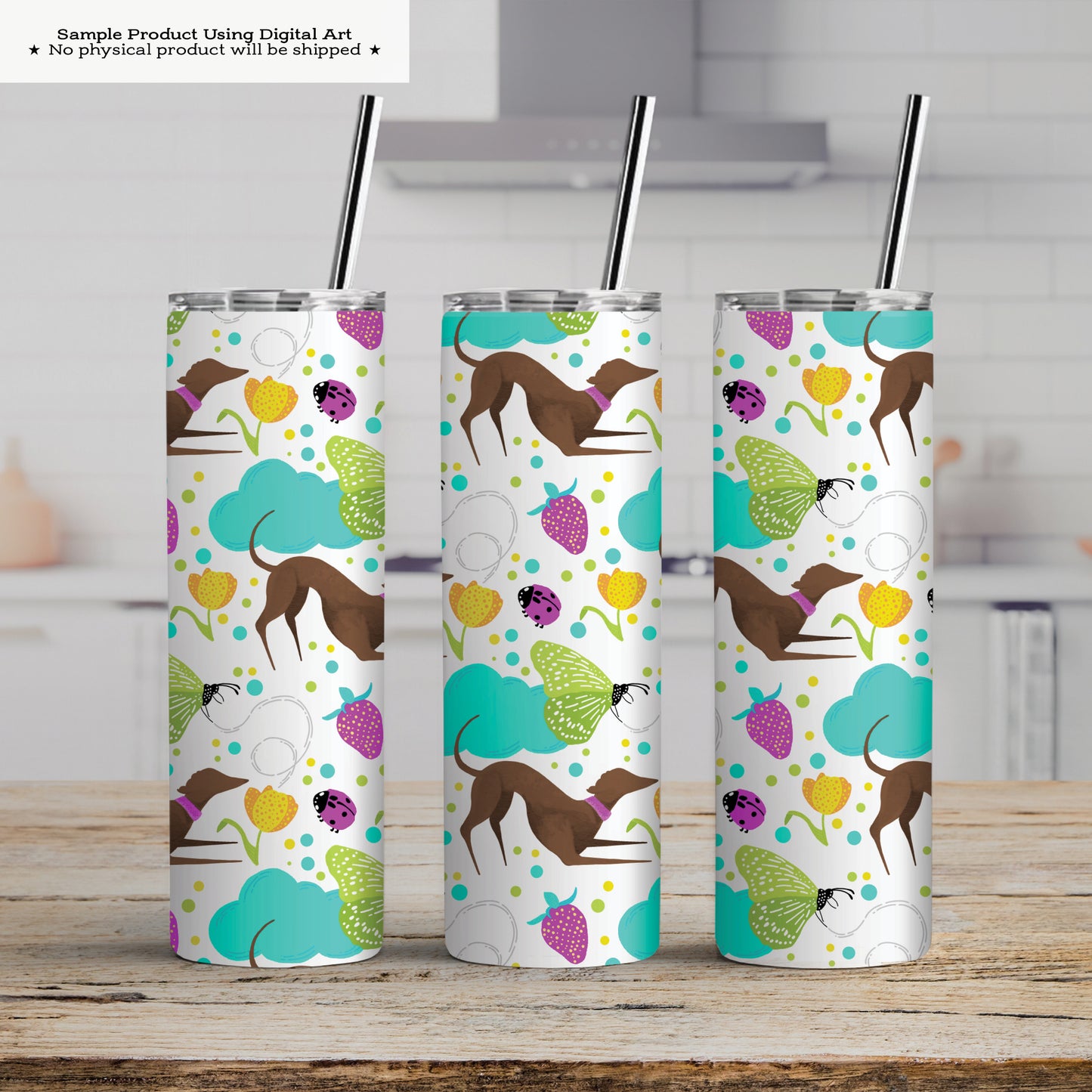 Greyhounds chasing butterflies in a summer garden – Digital Seamless Pattern