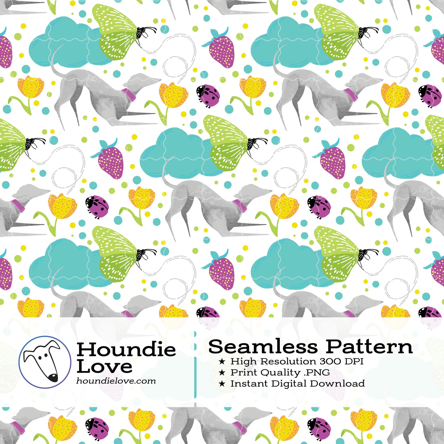 Greyhounds chasing butterflies in a summer garden – Digital Seamless Pattern