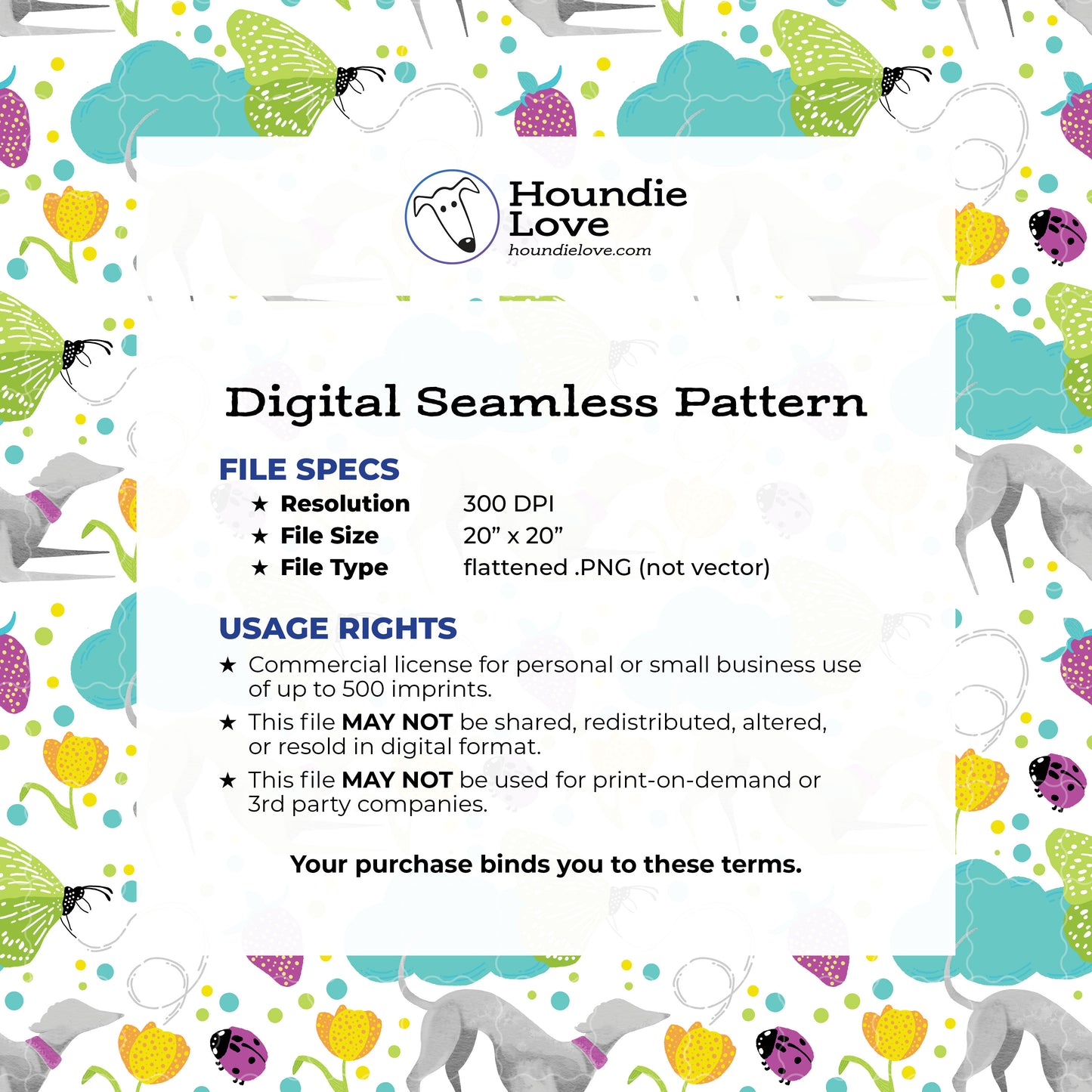 Greyhounds chasing butterflies in a summer garden – Digital Seamless Pattern