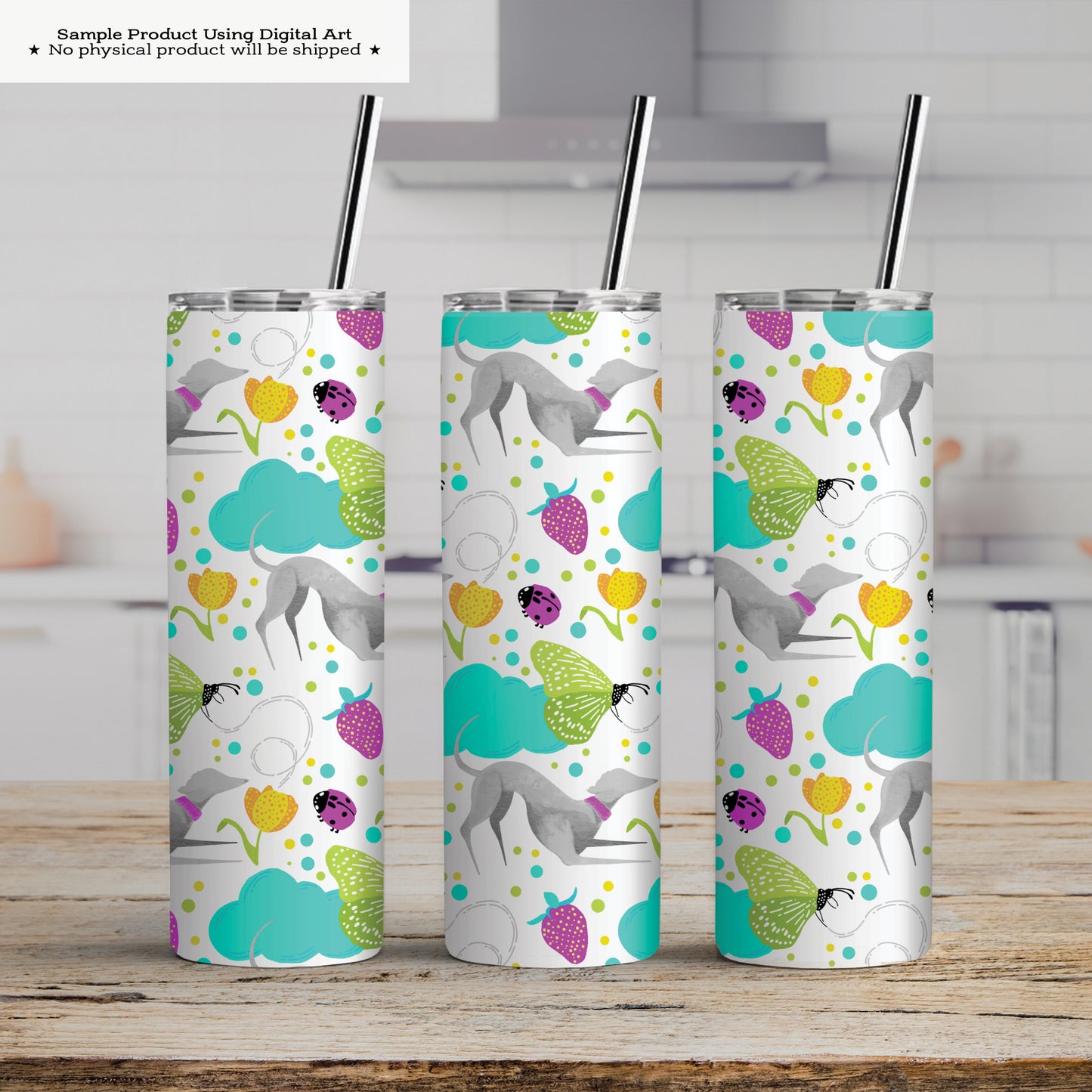Greyhounds chasing butterflies in a summer garden – Digital Seamless Pattern