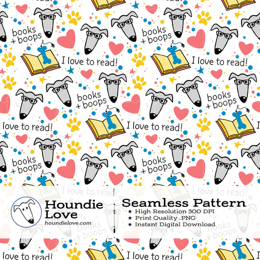 Books + Boops Dog Pattern • Greyhound Reading Seamless PNG • I Love to Read Print • Digital Download for Gifts & Crafts