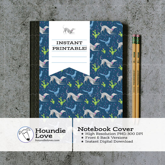 Printable Composition Notebook Cover PNG • Fast Desert Friends • Greyhound and Roadrunner • Instant Download PNG • Front & Back Files