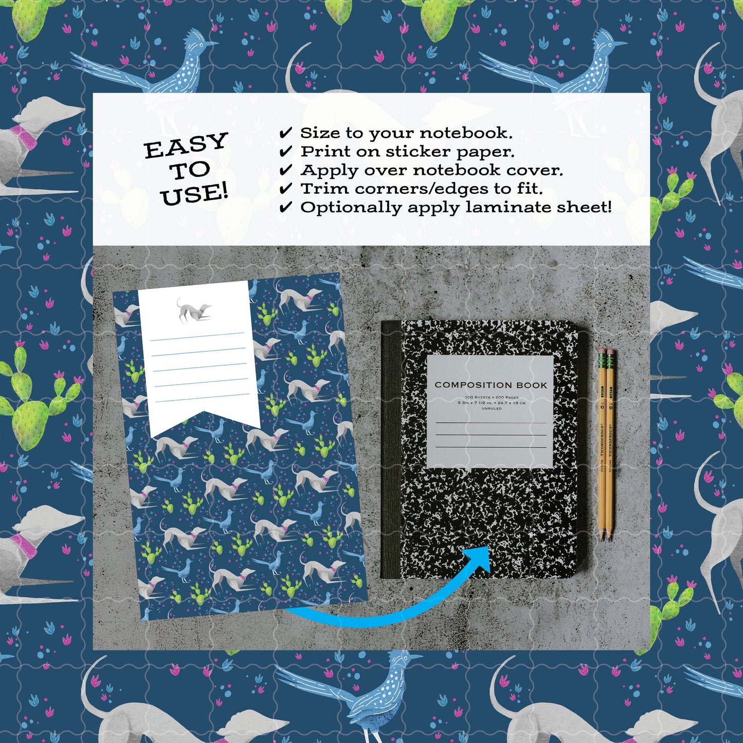 Printable Composition Notebook Cover PNG • Fast Desert Friends • Greyhound and Roadrunner • Instant Download PNG • Front & Back Files