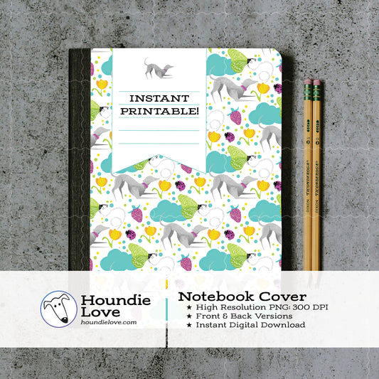 Printable Composition Notebook Cover PNG • Whimsical Greyhound in a Garden with Florals, Butterflies, Strawberries, Clouds • Digital Paper