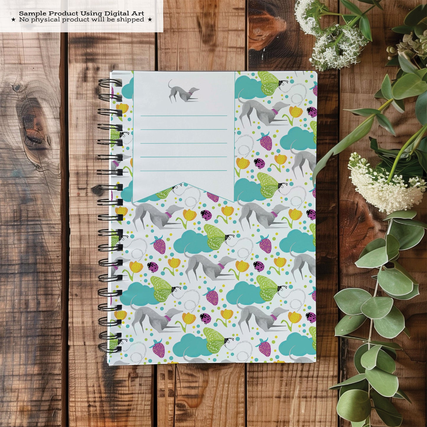 Printable Composition Notebook Cover PNG • Whimsical Greyhound in a Garden with Florals, Butterflies, Strawberries, Clouds • Digital Paper
